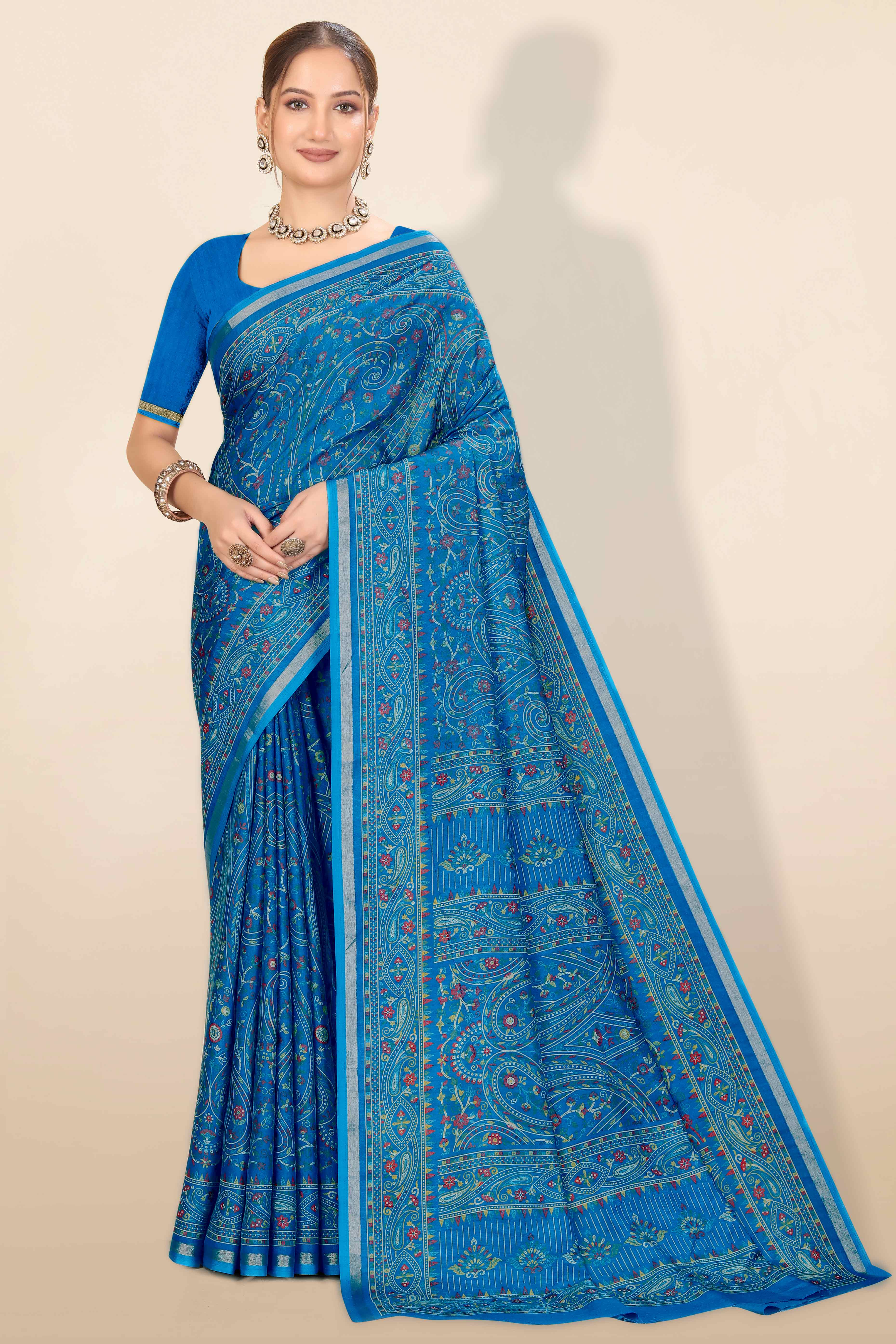 Blue Floral Printed Dola Kashmiri Dola Silk Saree Highlighted With Rich Golden Zari Border