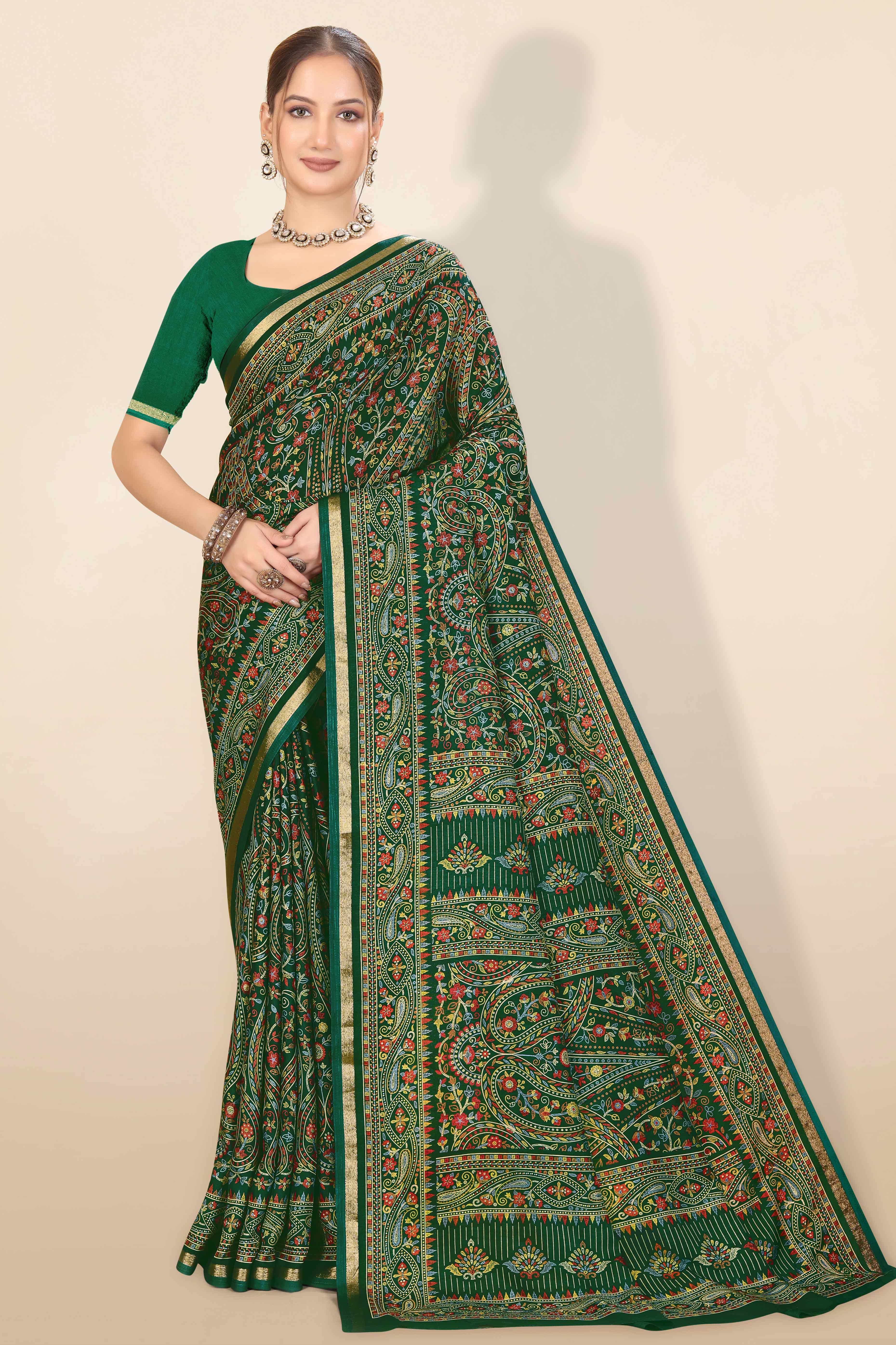 Green Floral Printed Dola Kashmiri Dola Silk Saree Highlighted With Rich Golden Zari Border