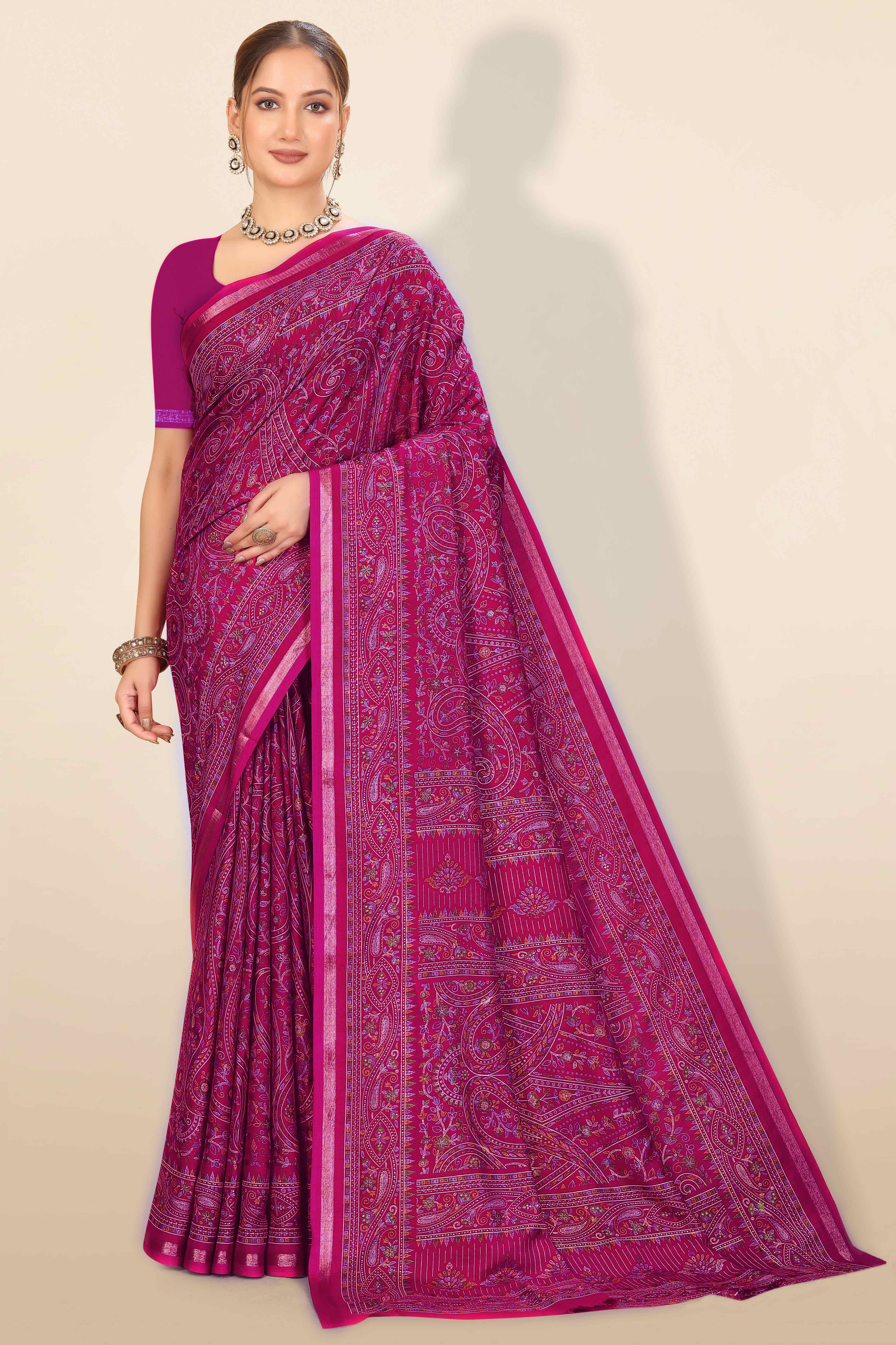 Dark Magenta Floral Printed Dola Kashmiri Dola Silk Saree Highlighted With Rich Golden Zari Border