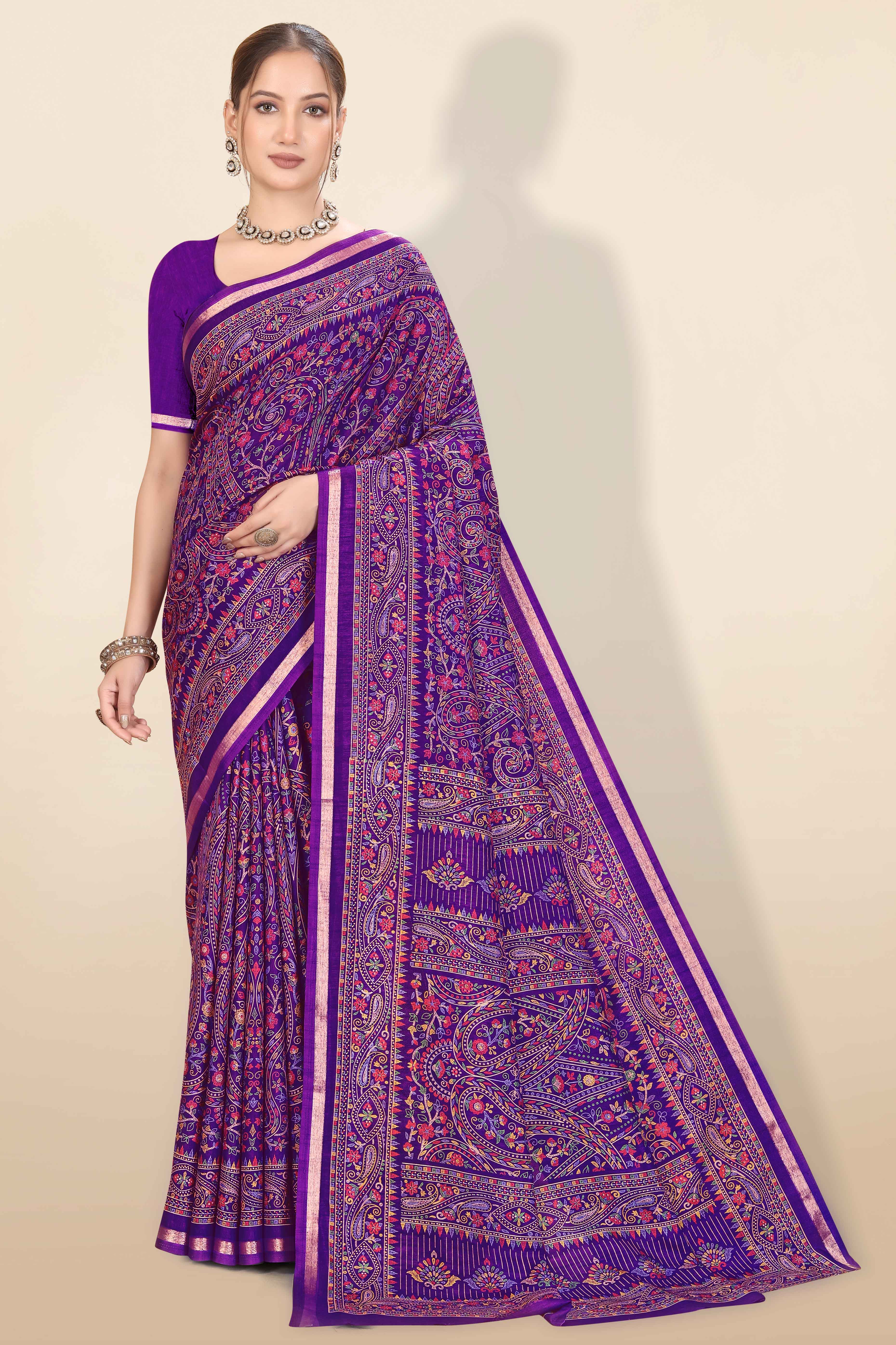 Purple Floral Printed Dola Kashmiri Dola Silk Saree Highlighted With Rich Golden Zari Border