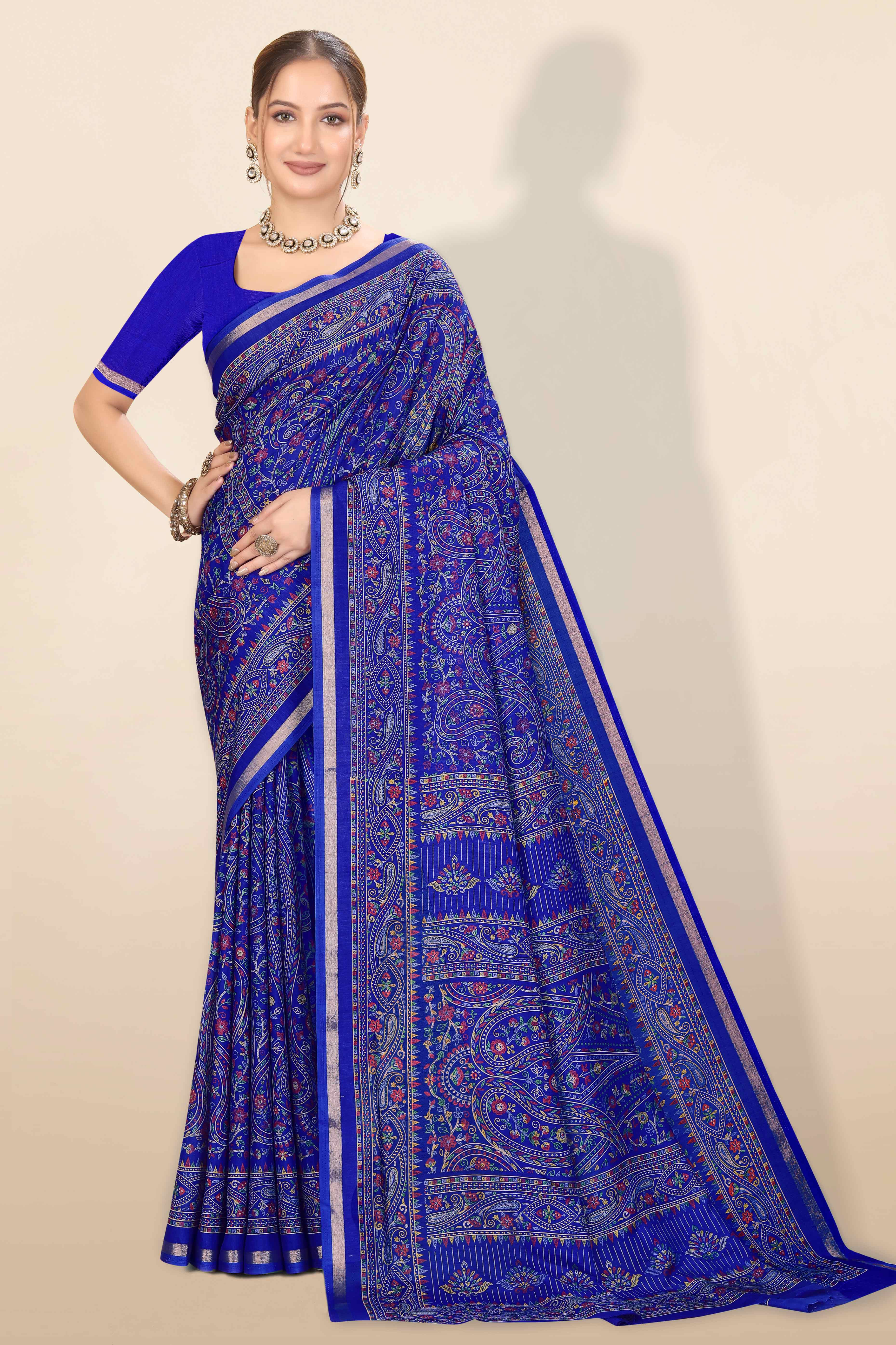 Royal Blue Floral Printed Dola Kashmiri Dola Silk Saree Highlighted With Rich Golden Zari Border