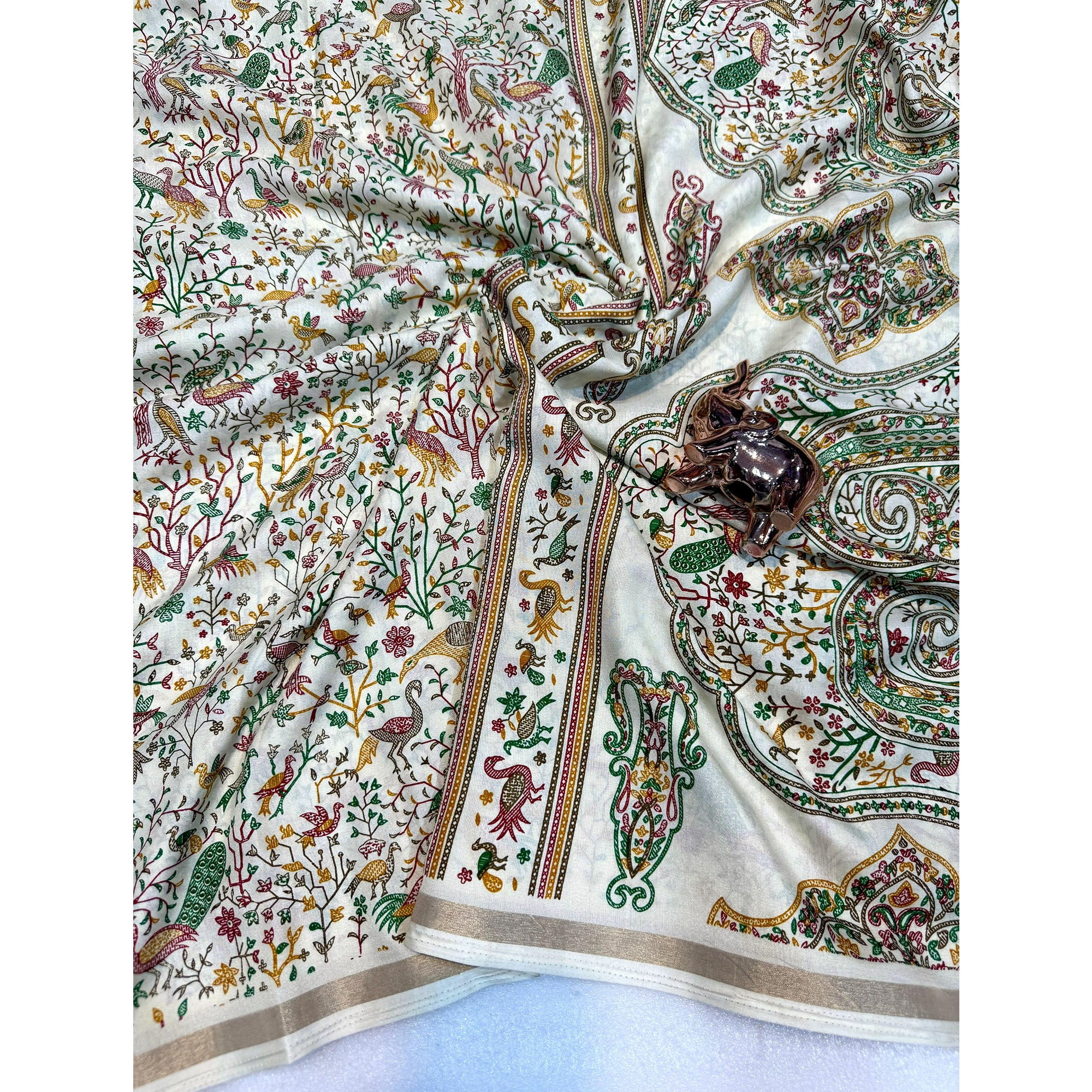 Cream Tussar Silk Blend Saree with Intricate Floral & Bird Kashmiri Print & Zari Border