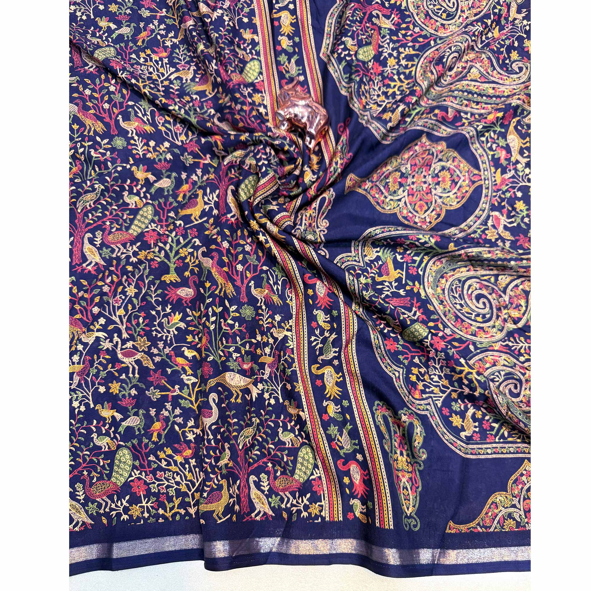Navy Blue Tussar Silk Blend Saree with Intricate Floral & Bird Kashmiri Print & Elegant Zari Border
