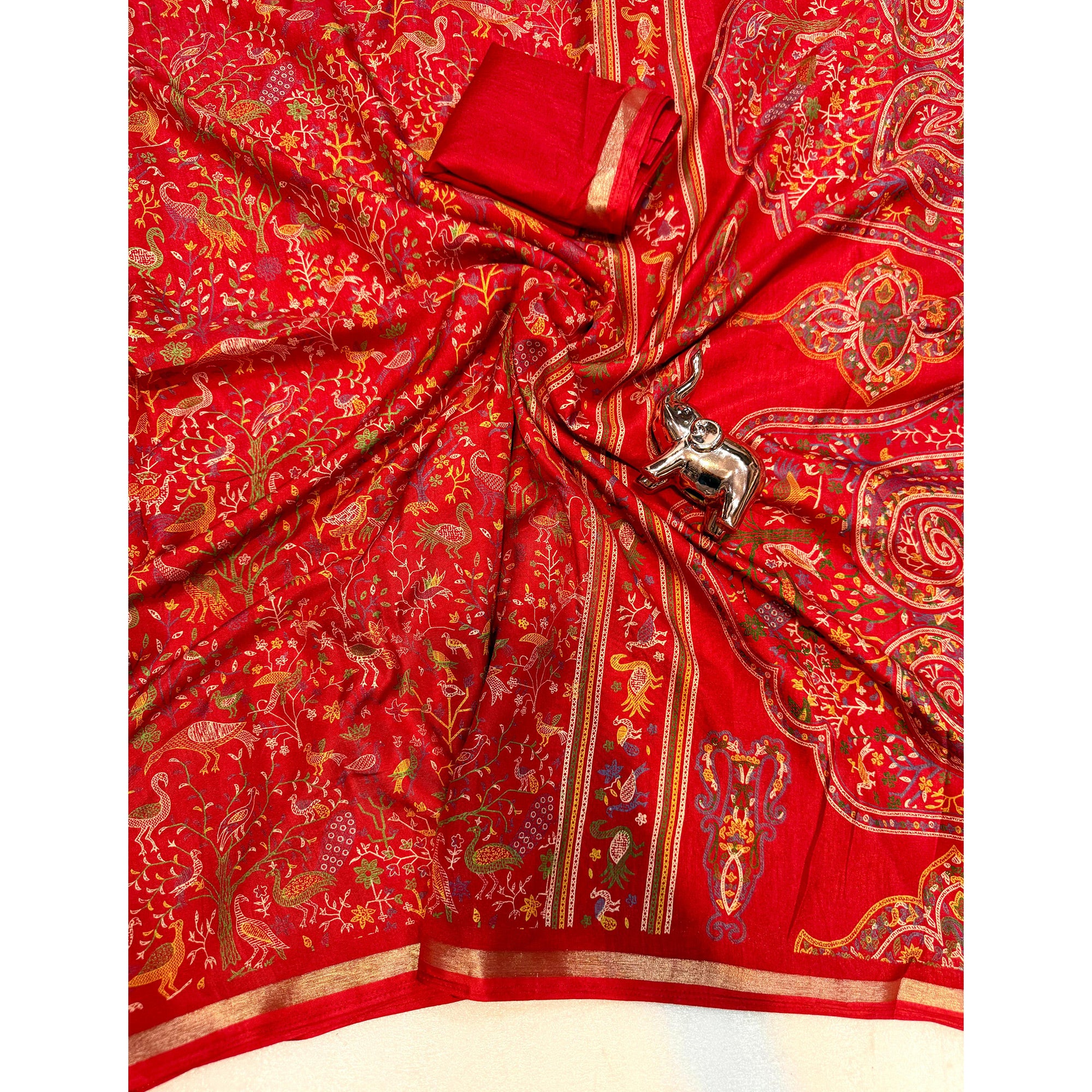 Red Tussar Silk Blend Saree with Intricate Floral & Bird Kashmiri Print & Zari Border