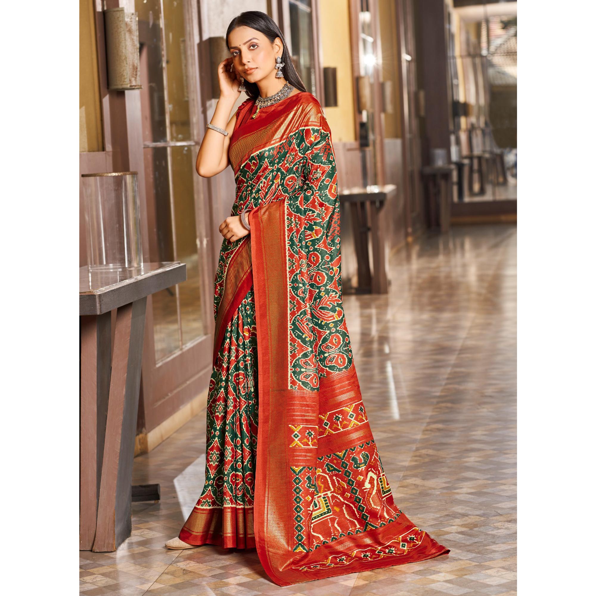 Green & Red Patola Printed Viscose Saree With Zari Border