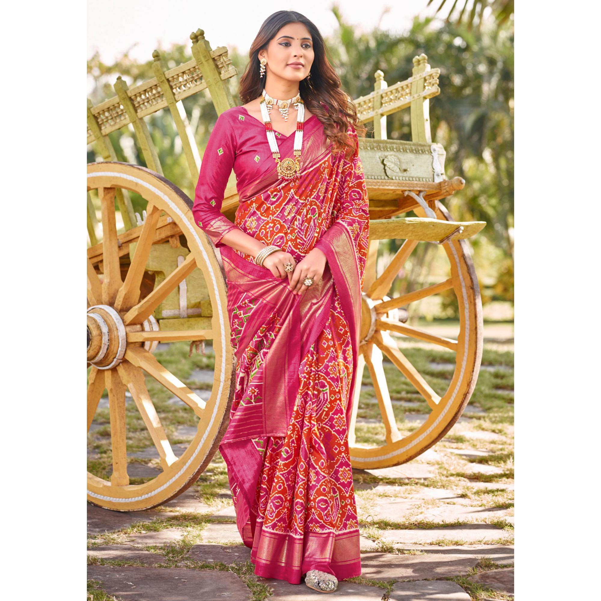 Pink & Orange Patola Printed Viscose Saree With Zari Border