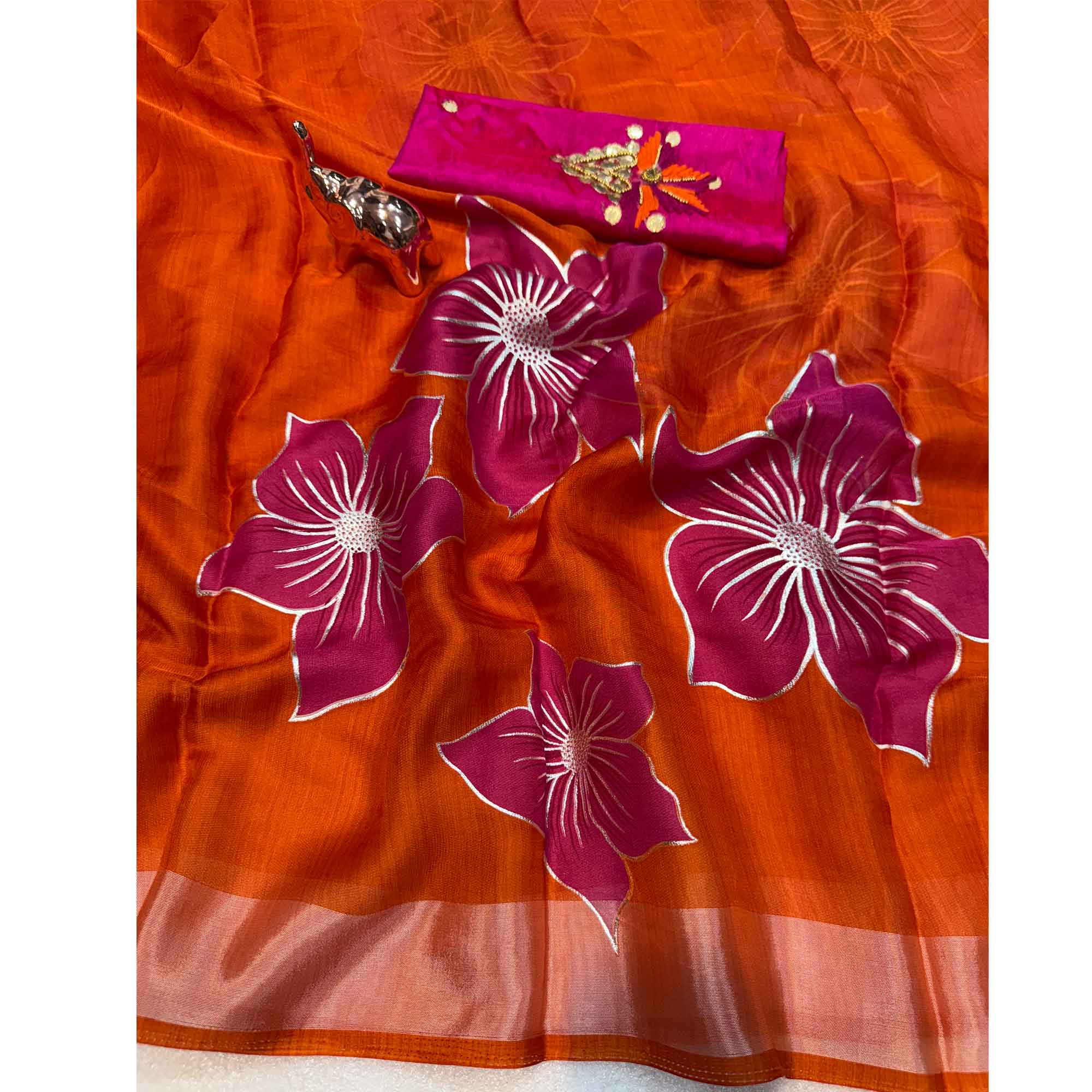 Vibrant Orange & Pink Floral Foil Printed Organza Saree With Designer Unstitched Blouse