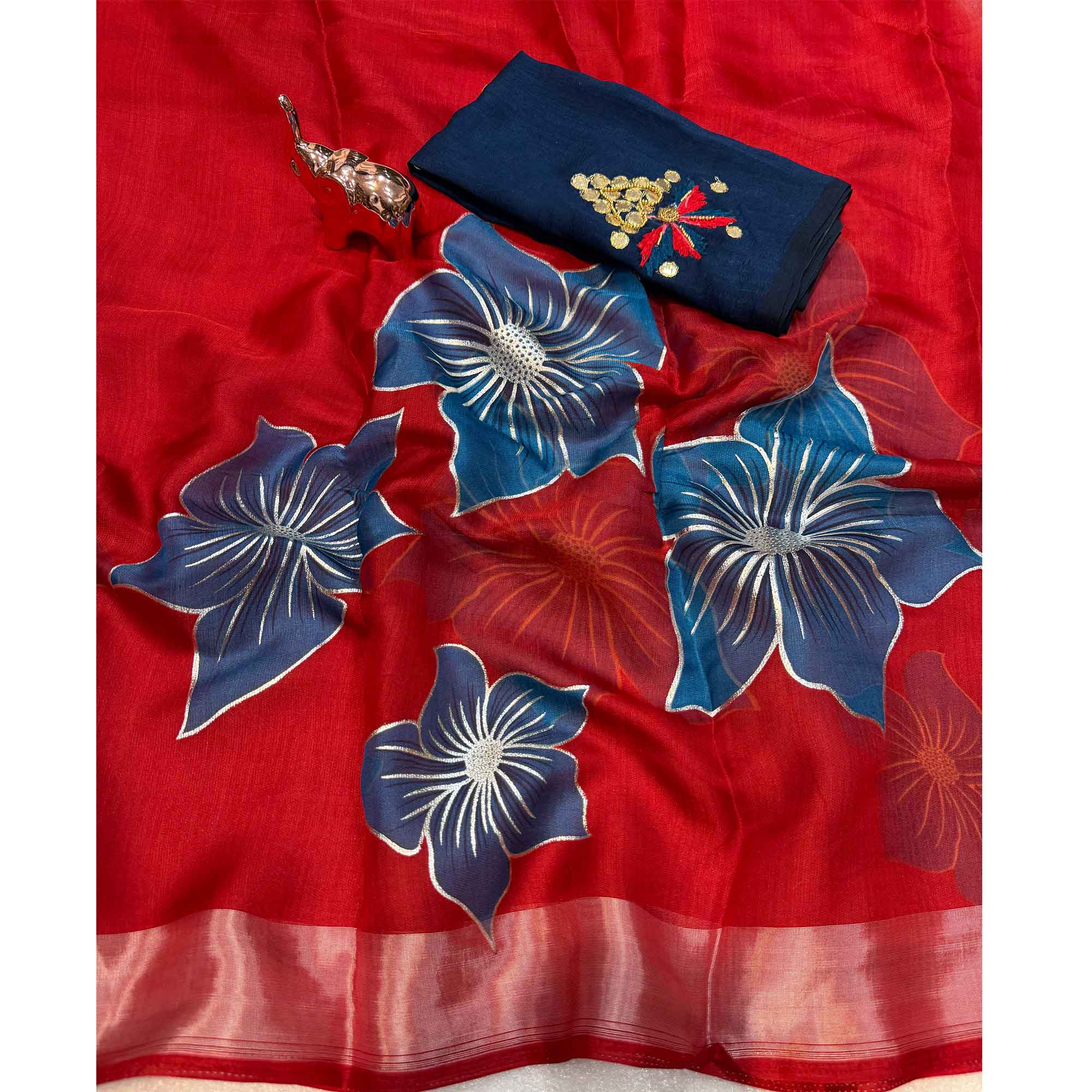 Vibrant Red & Blue Floral Foil Printed Organza Saree With Designer Unstitched Blouse