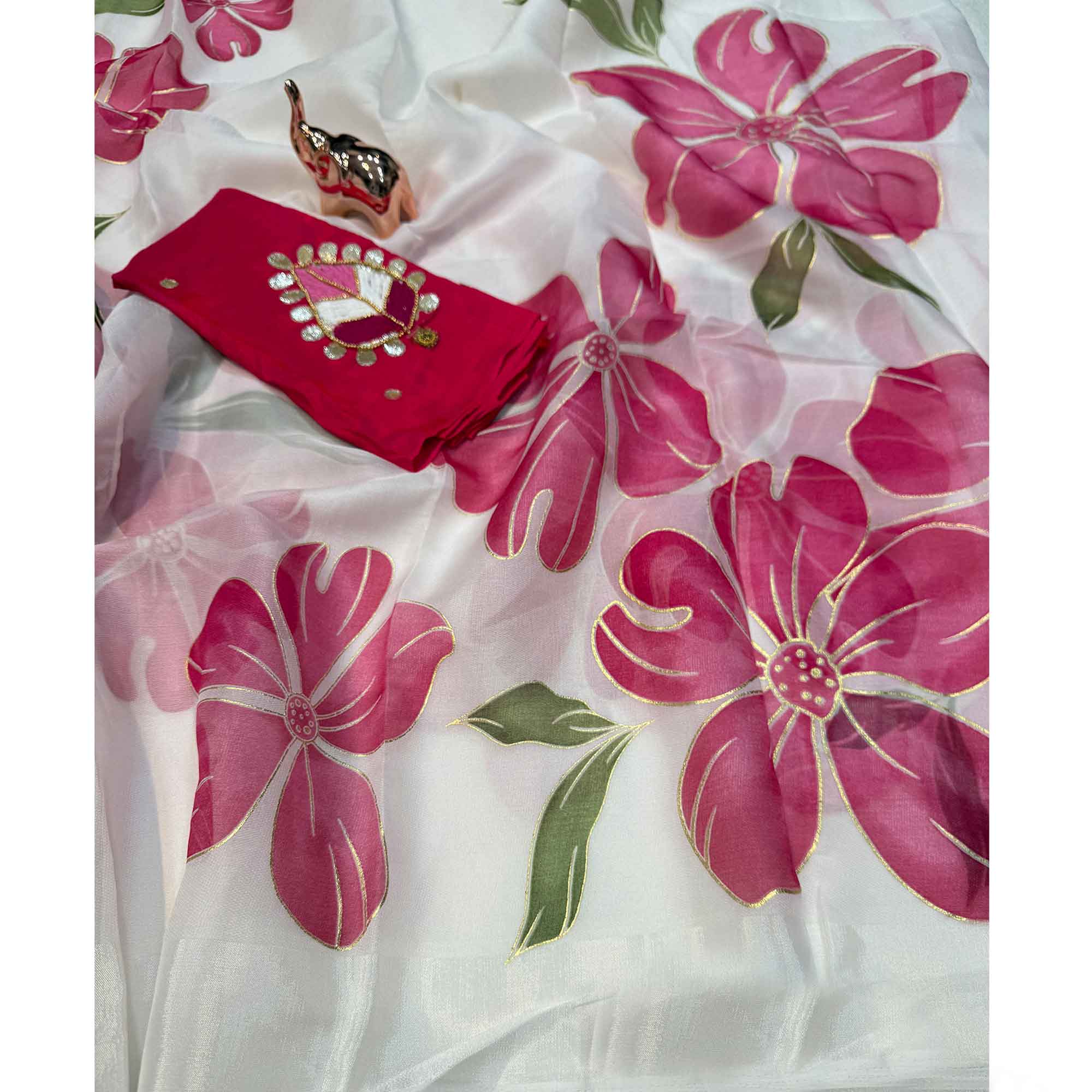 Vibrant White & Pink Floral Foil Printed Organza Saree With Designer Unstitched Blouse