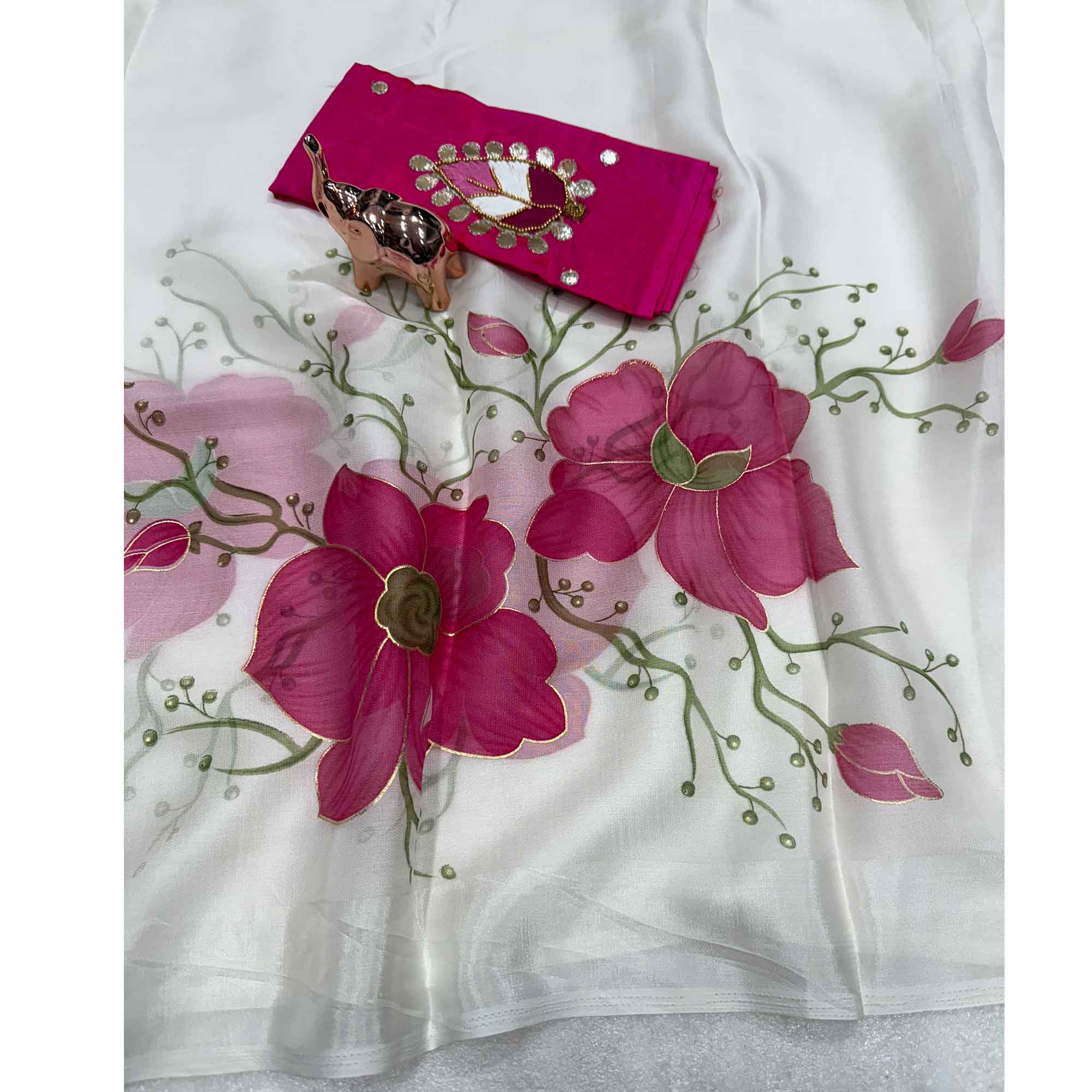 Vibrant White & Pink Floral Foil Printed Organza Saree With Designer Unstitched Blouse