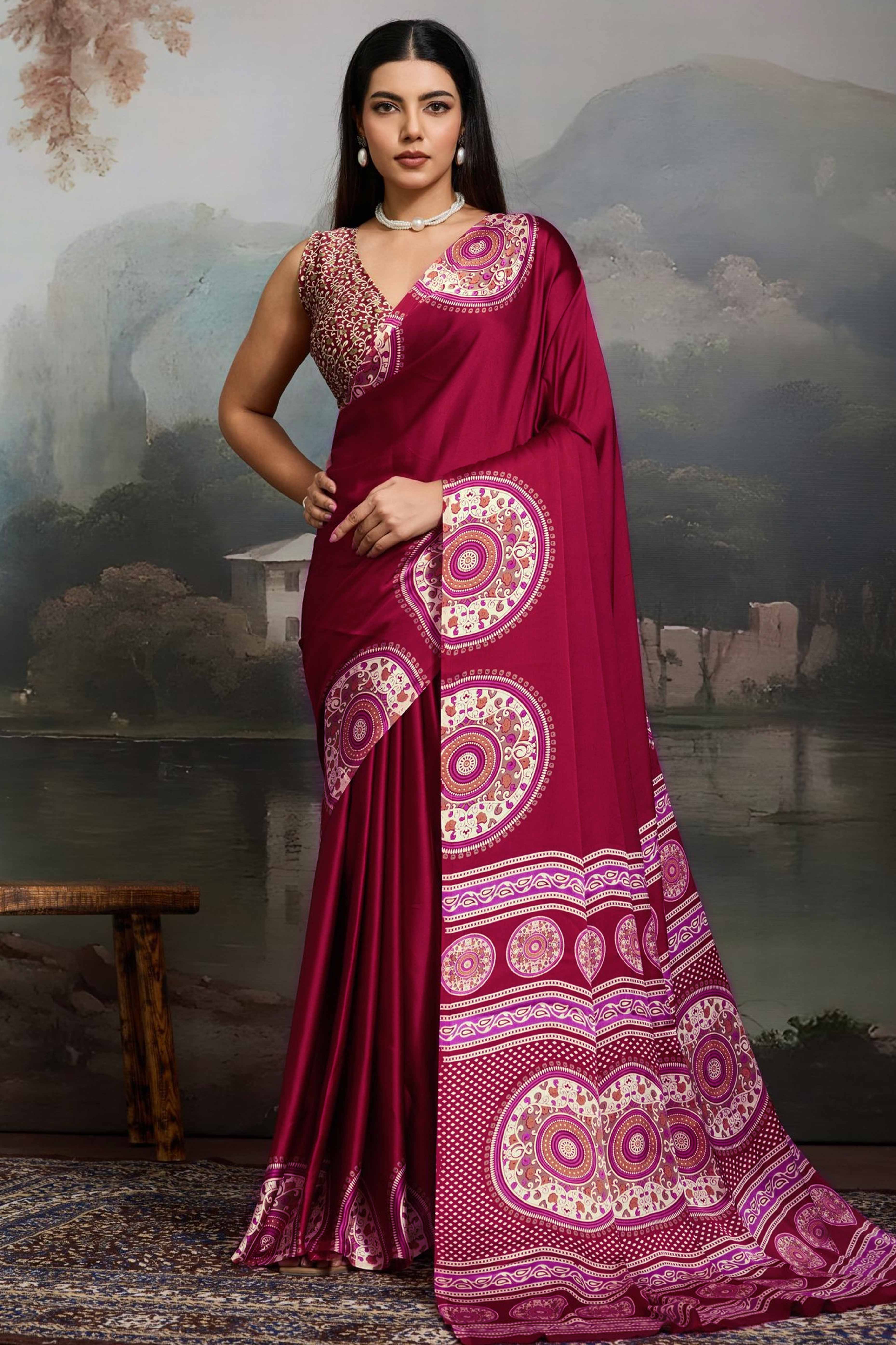 Elegant Red Satin Saree with Ajrakh Inspired Floral Prints