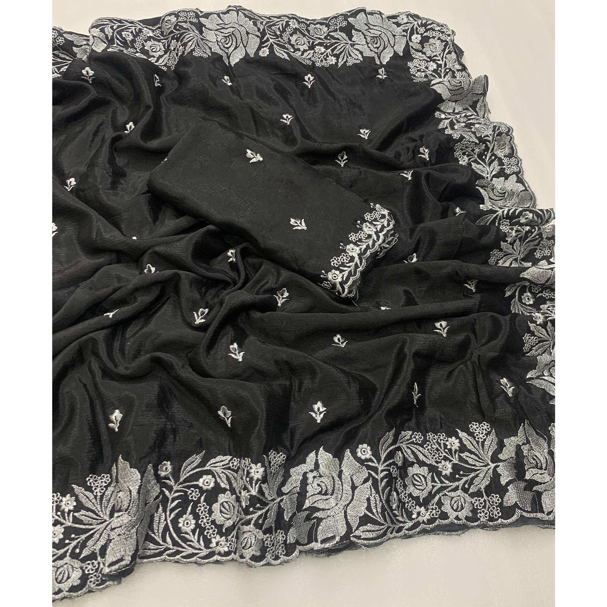 Black Floral Zari Embroidered Chinon Silk Saree