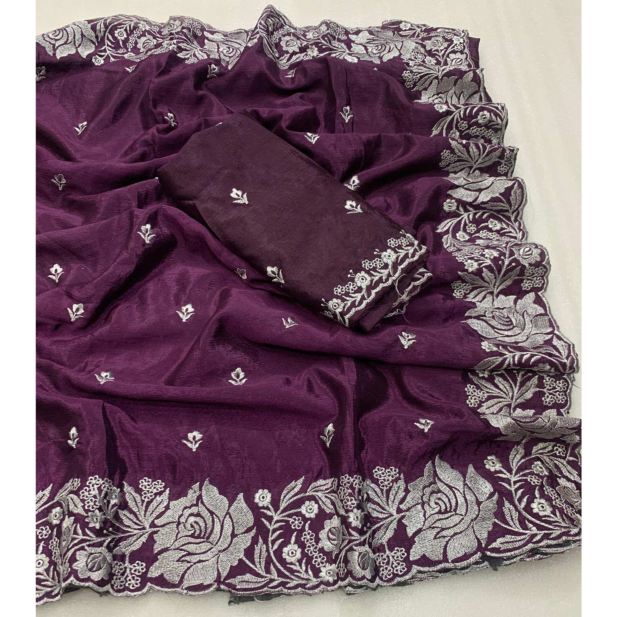 Purple Floral Zari Embroidered Chinon Silk Saree