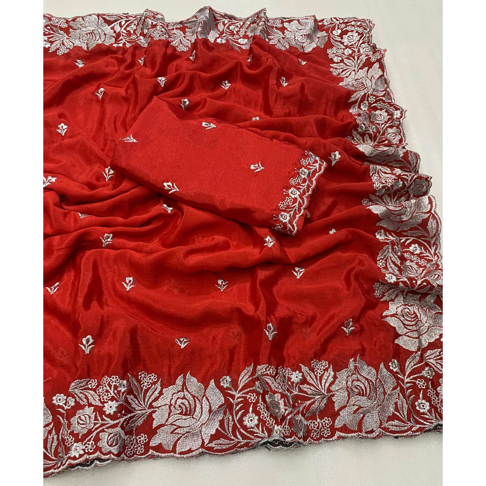 Red Floral Zari Embroidered Chinon Silk Saree