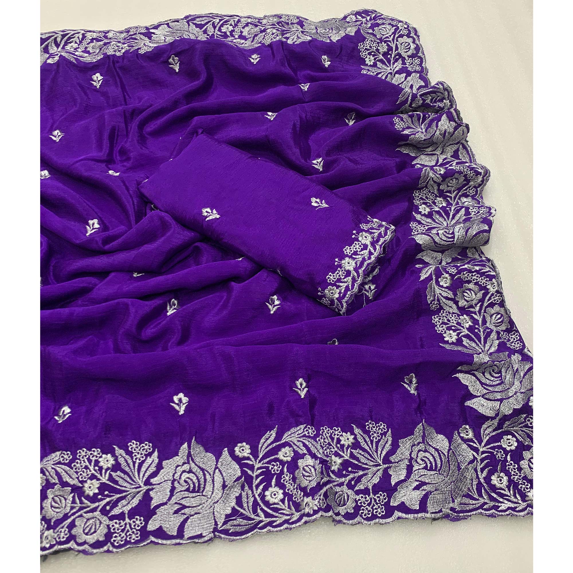 Violet Floral Zari Embroidered Chinon Silk Saree