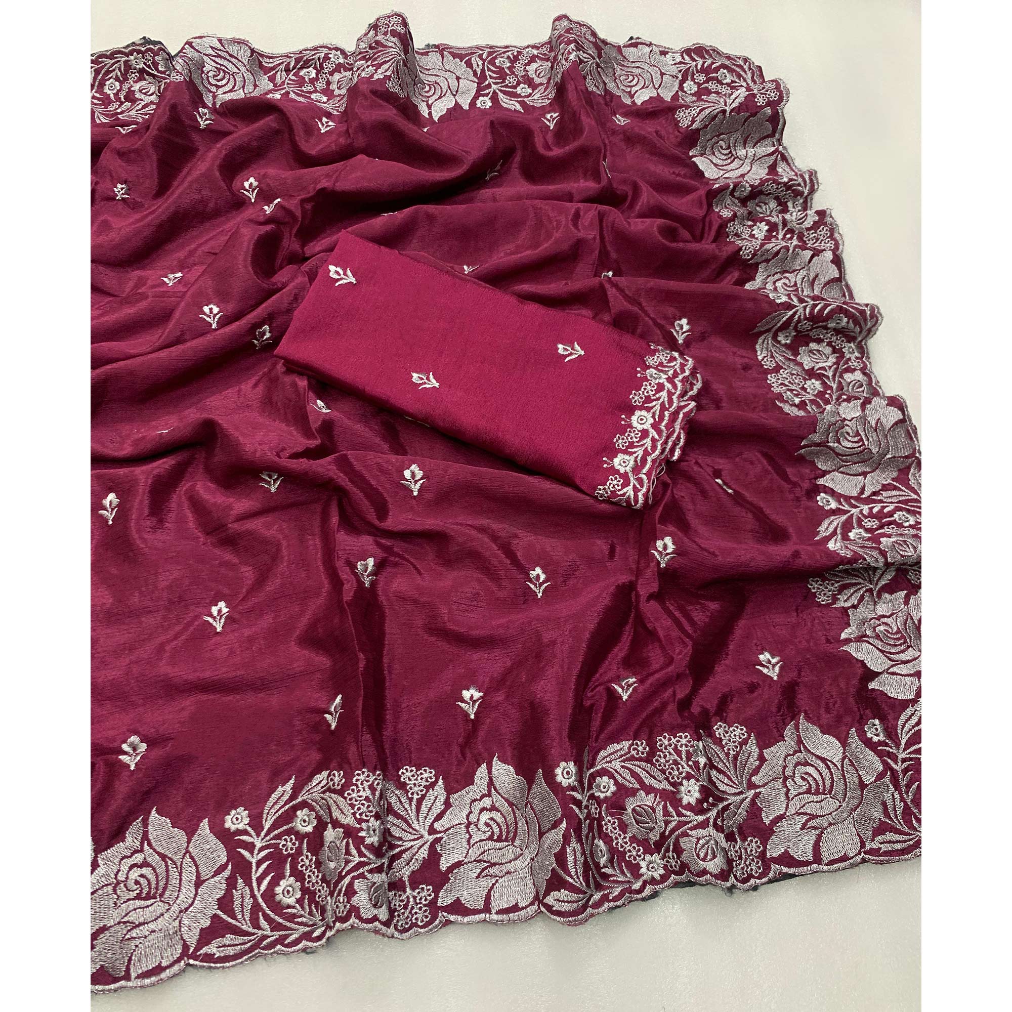 Wine Floral Zari Embroidered Chinon Silk Saree