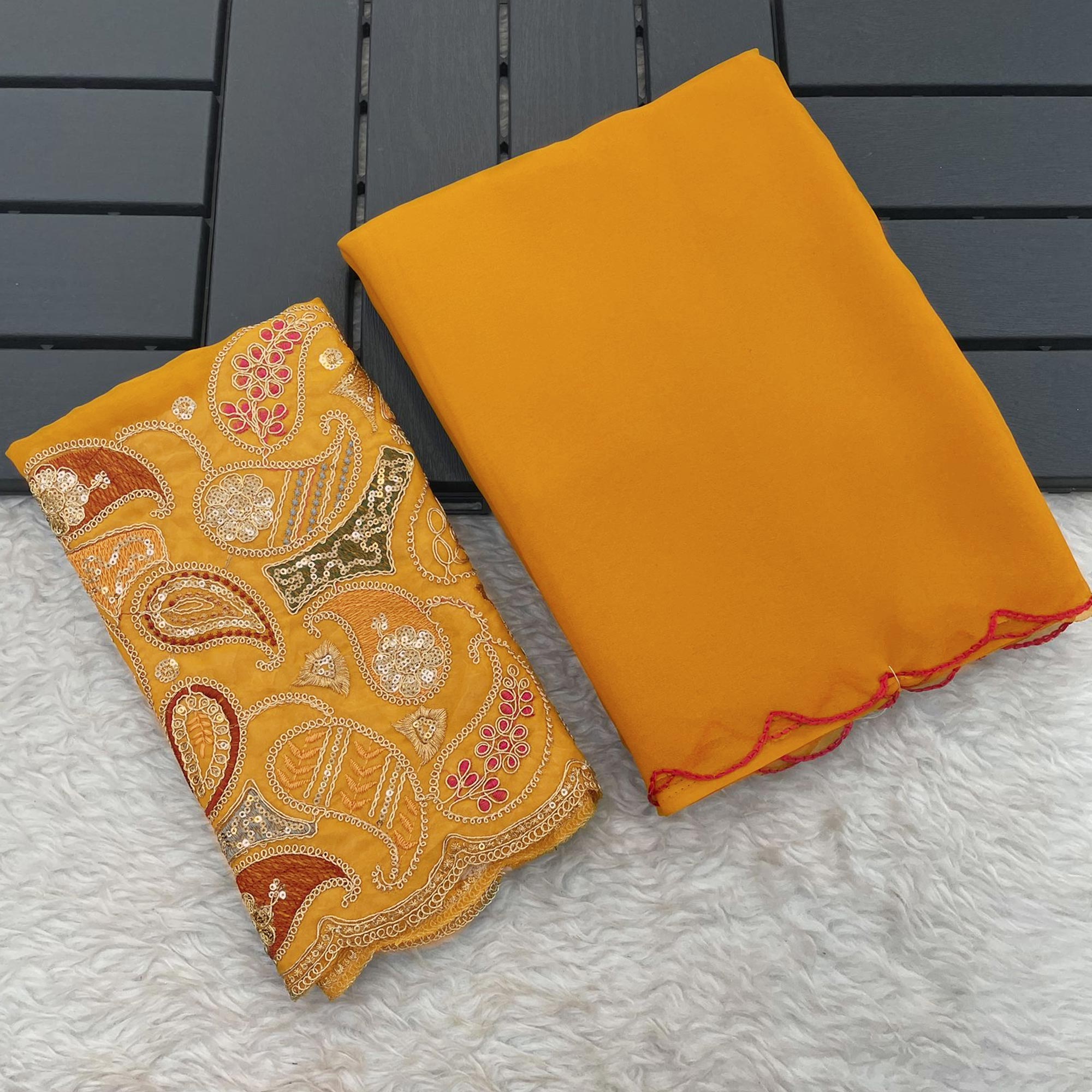 Yellow Solid Georgette Saree With Embroidered Border