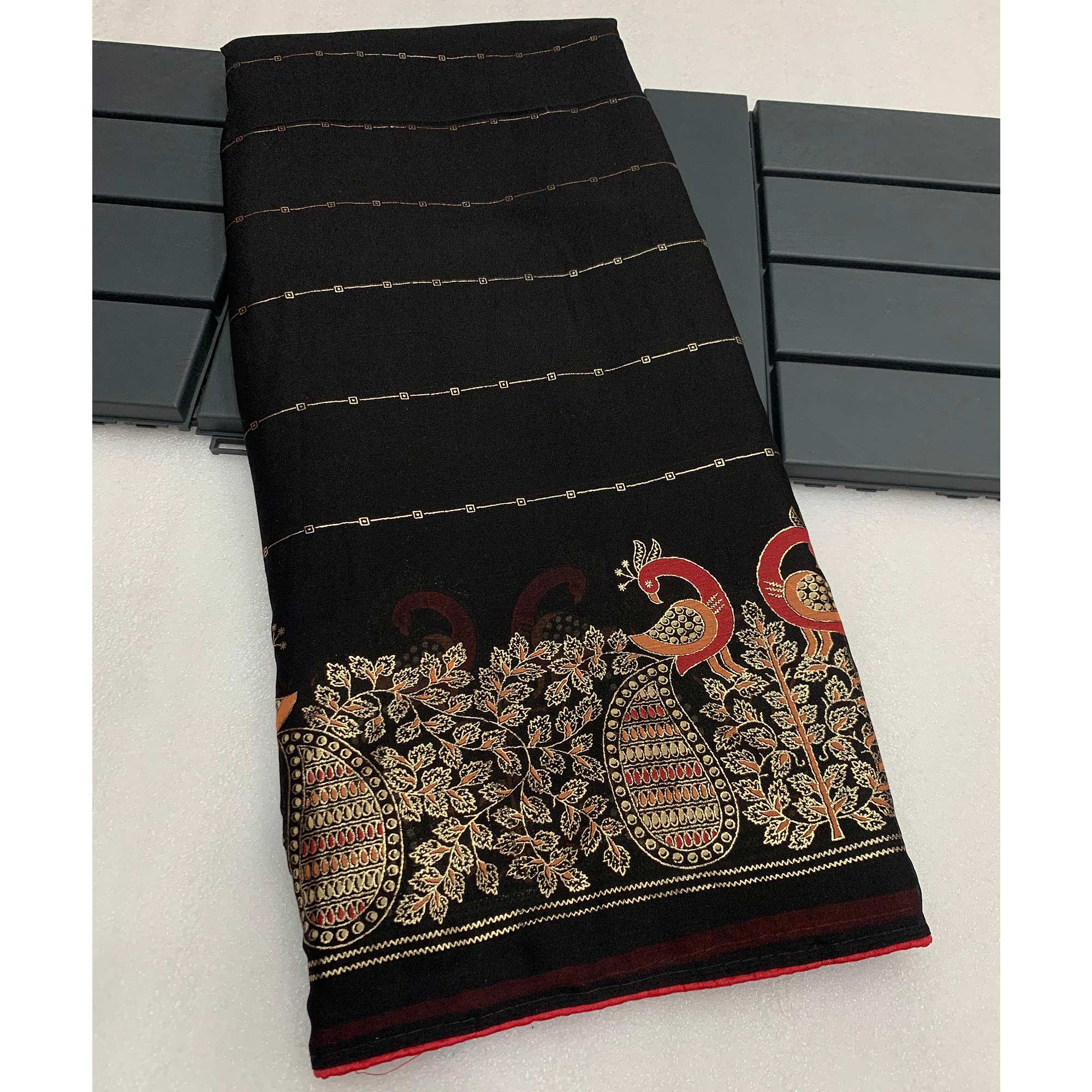 Black Floral Foil Printed Georgette Saree