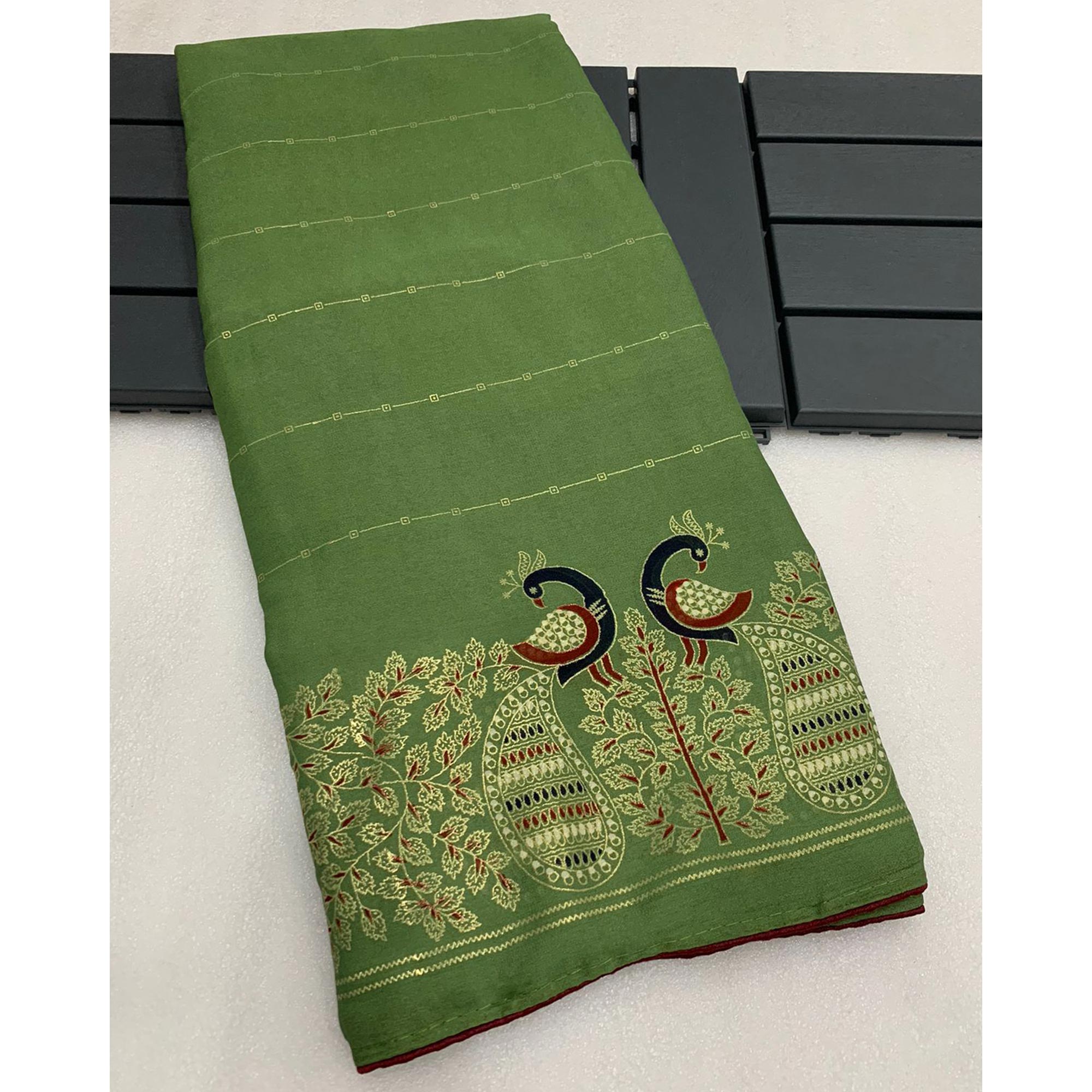 Green Floral Foil Printed Georgette Saree