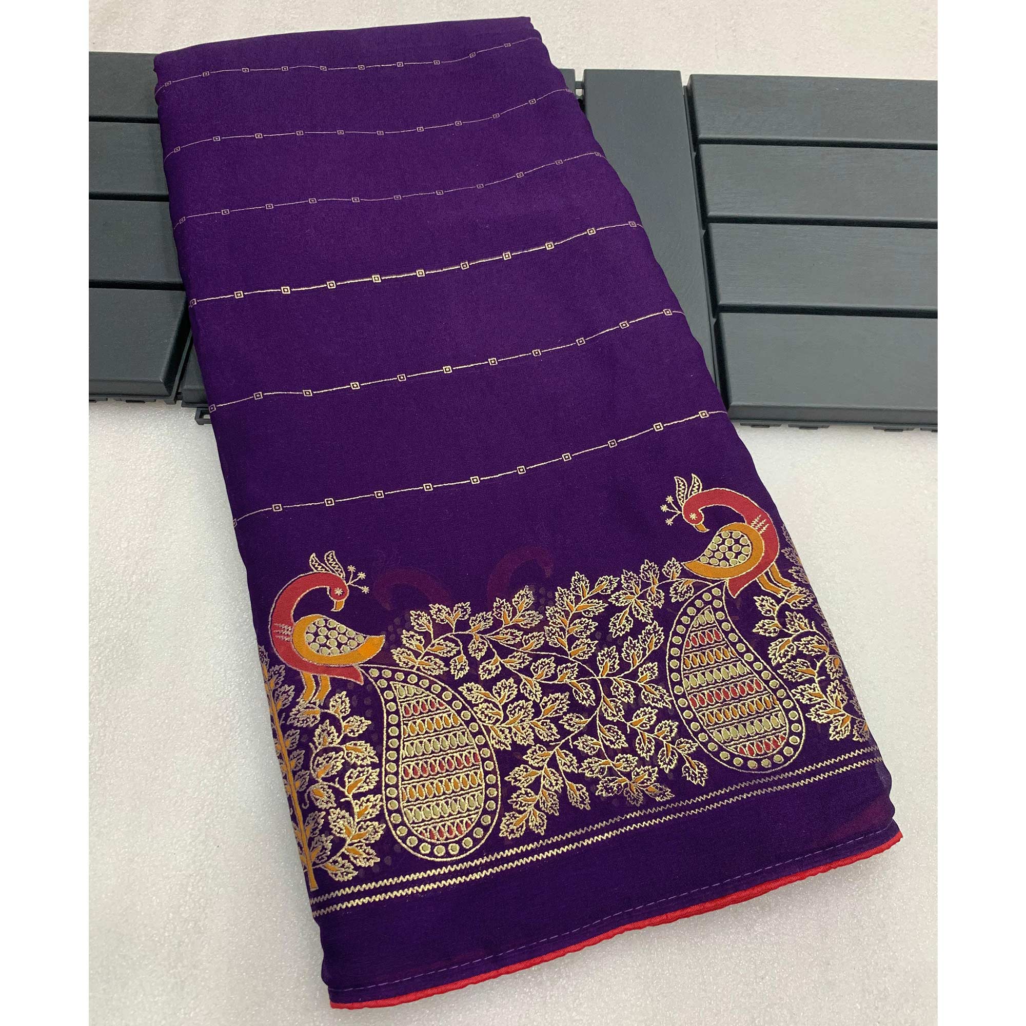 Purple Floral Foil Printed Georgette Saree