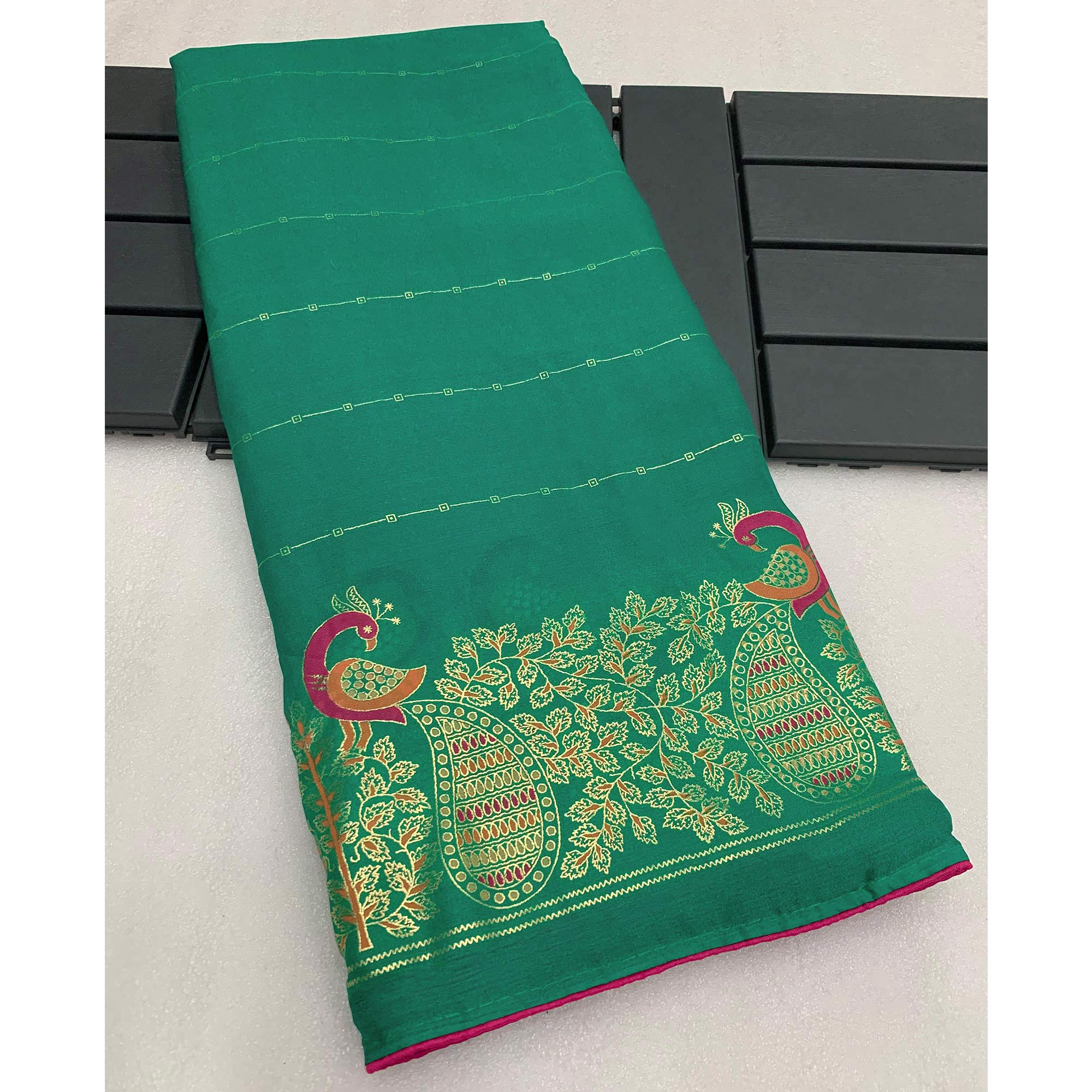 Rama Green Floral Foil Printed Georgette Saree