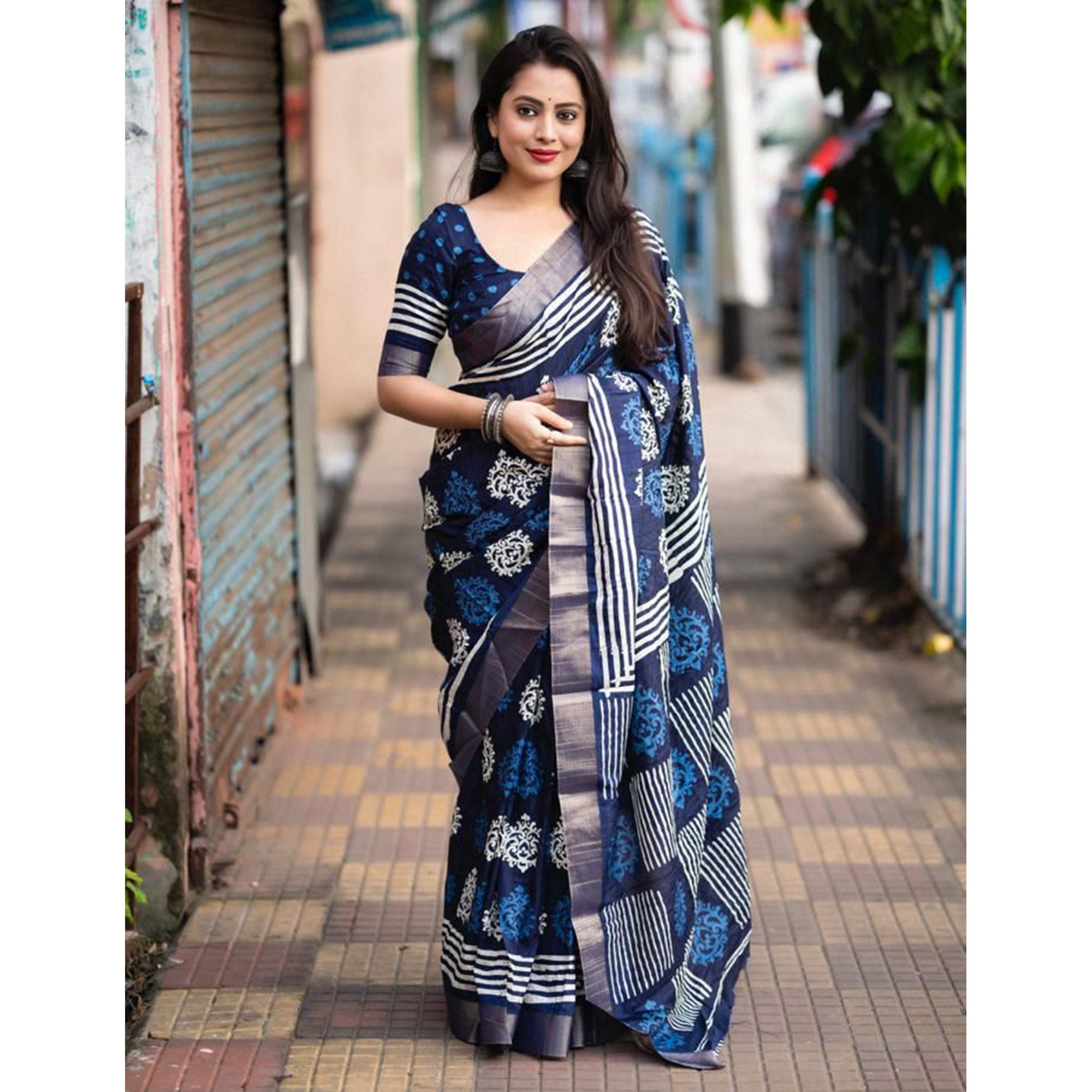 Blue Printed Tussar Silk Saree