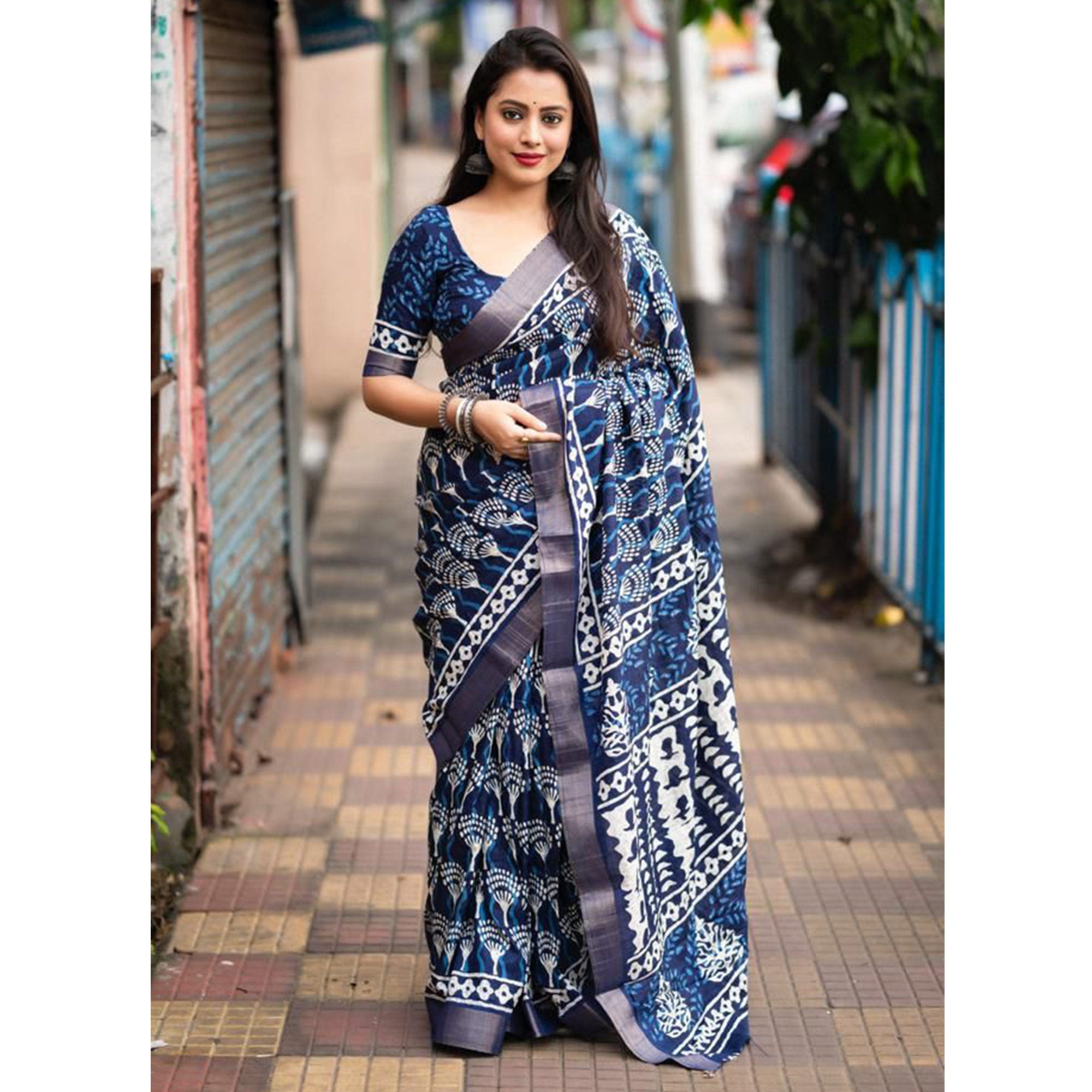 Blue Printed Tussar Silk Saree