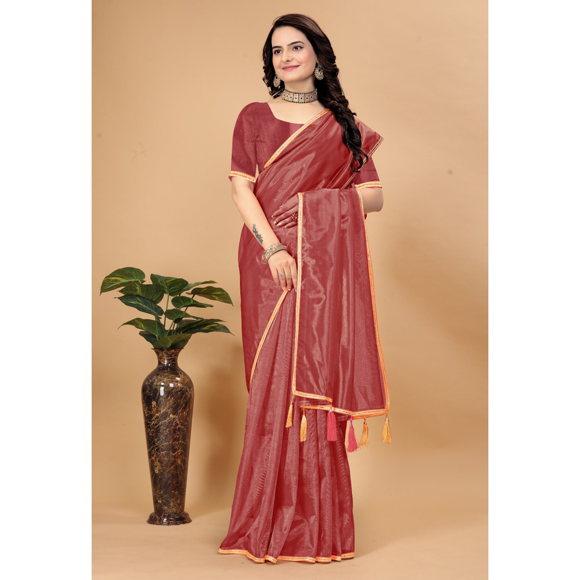 Brick Red Solid Nylon Saree With Lace Border