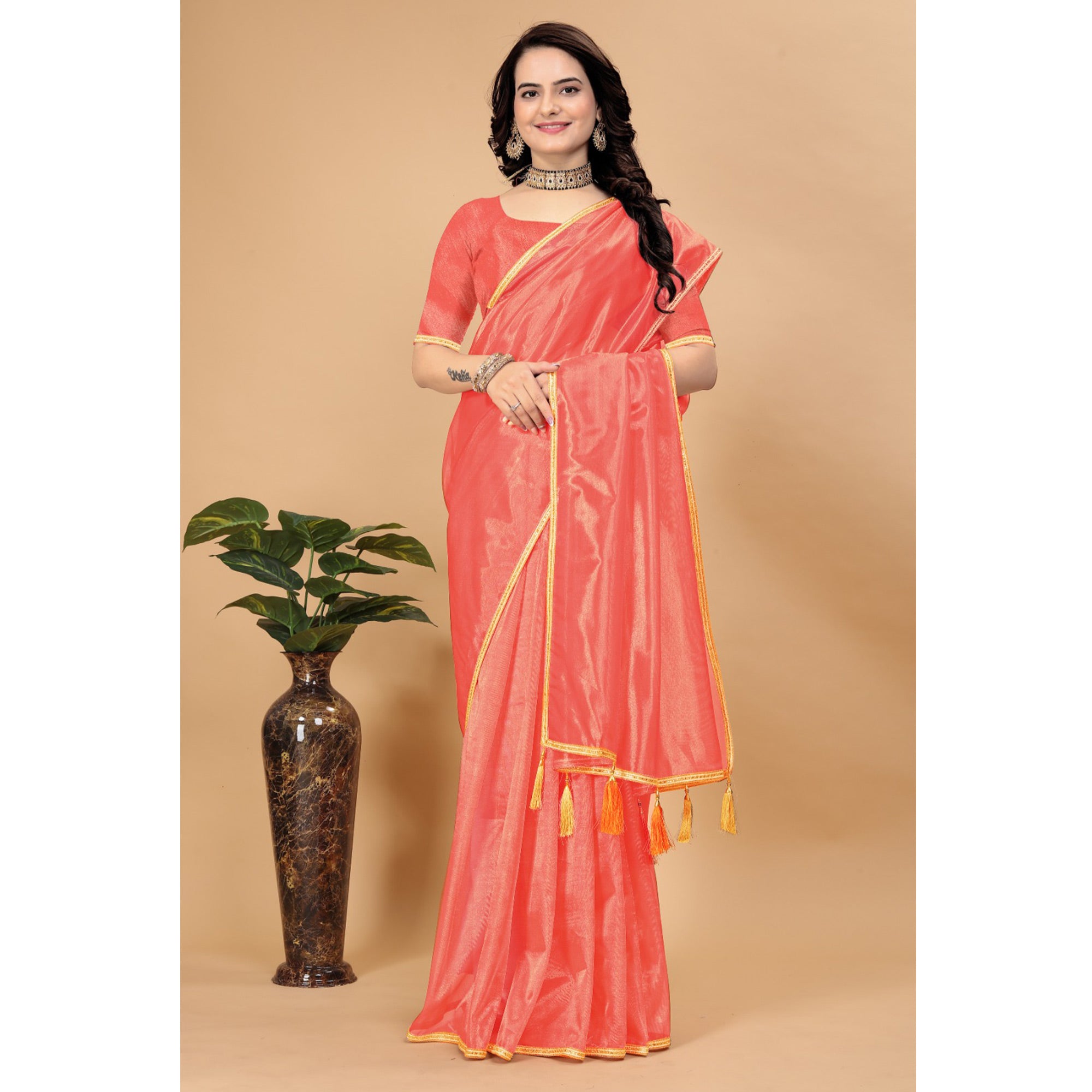 Dark Peach Solid Nylon Saree With Lace Border