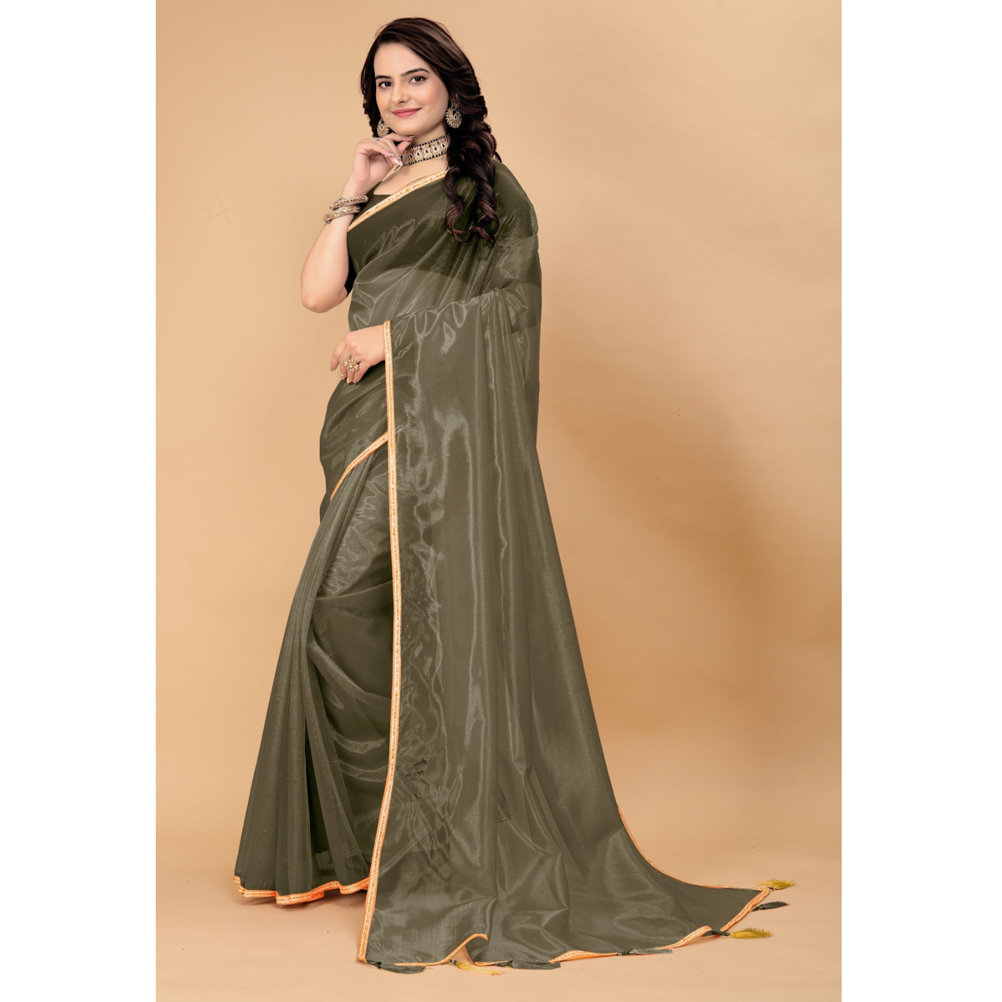 Mehendi Green Solid Nylon Saree With Lace Border