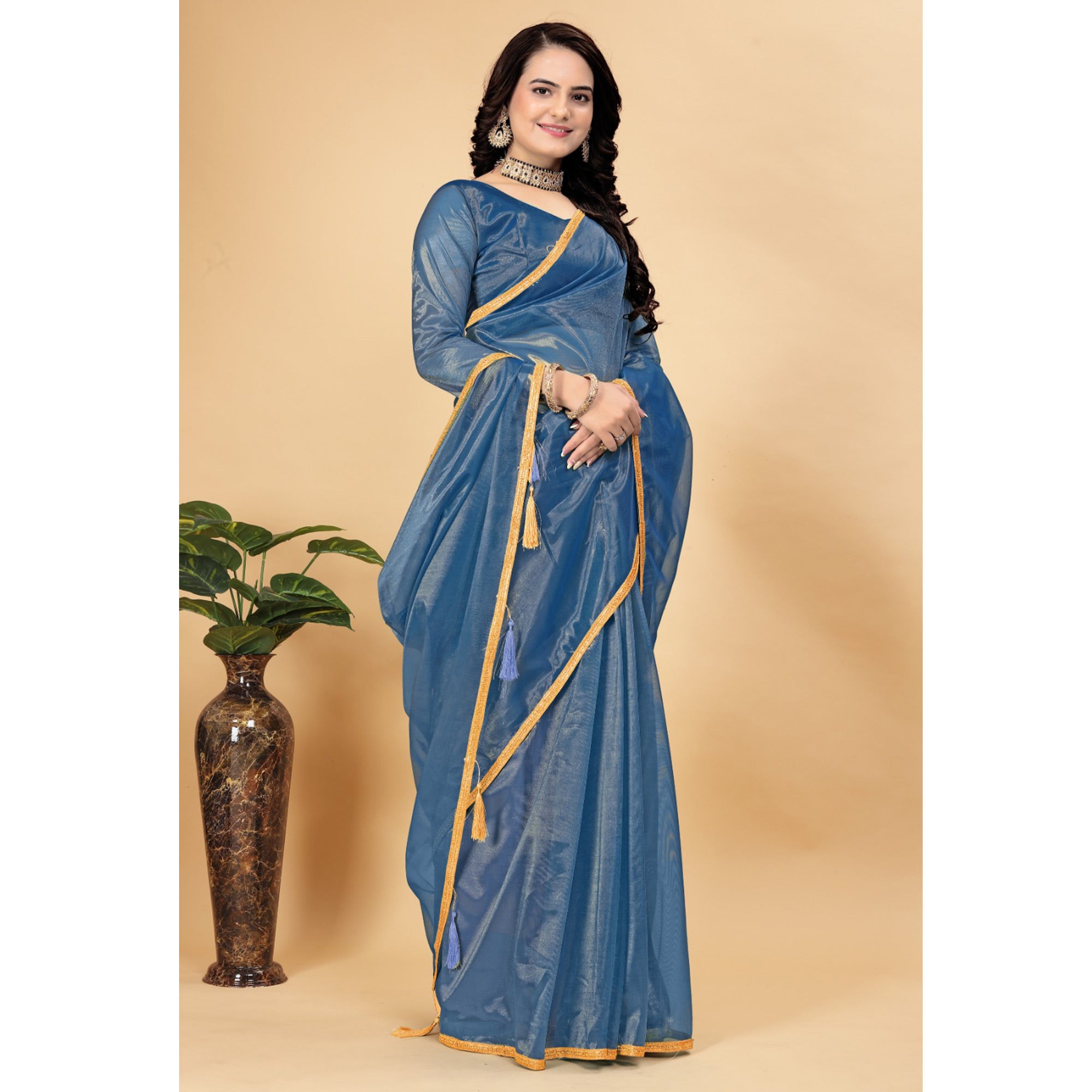 Morpich Solid Nylon Saree With Lace Border