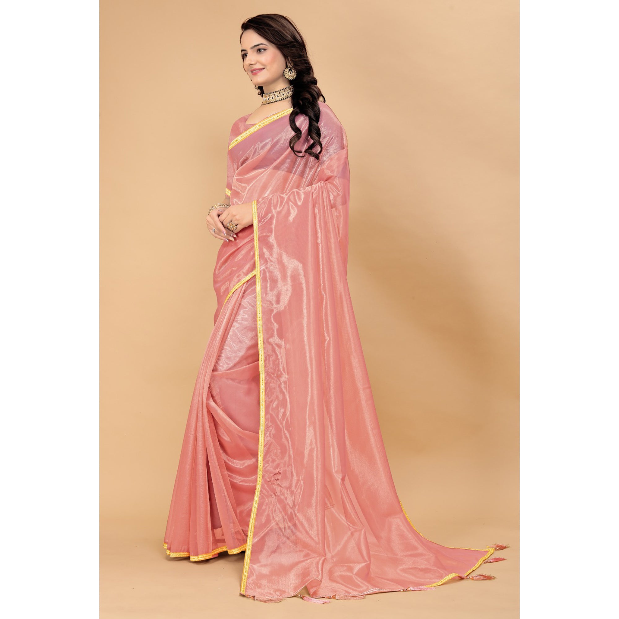 Peach Solid Nylon Saree With Lace Border