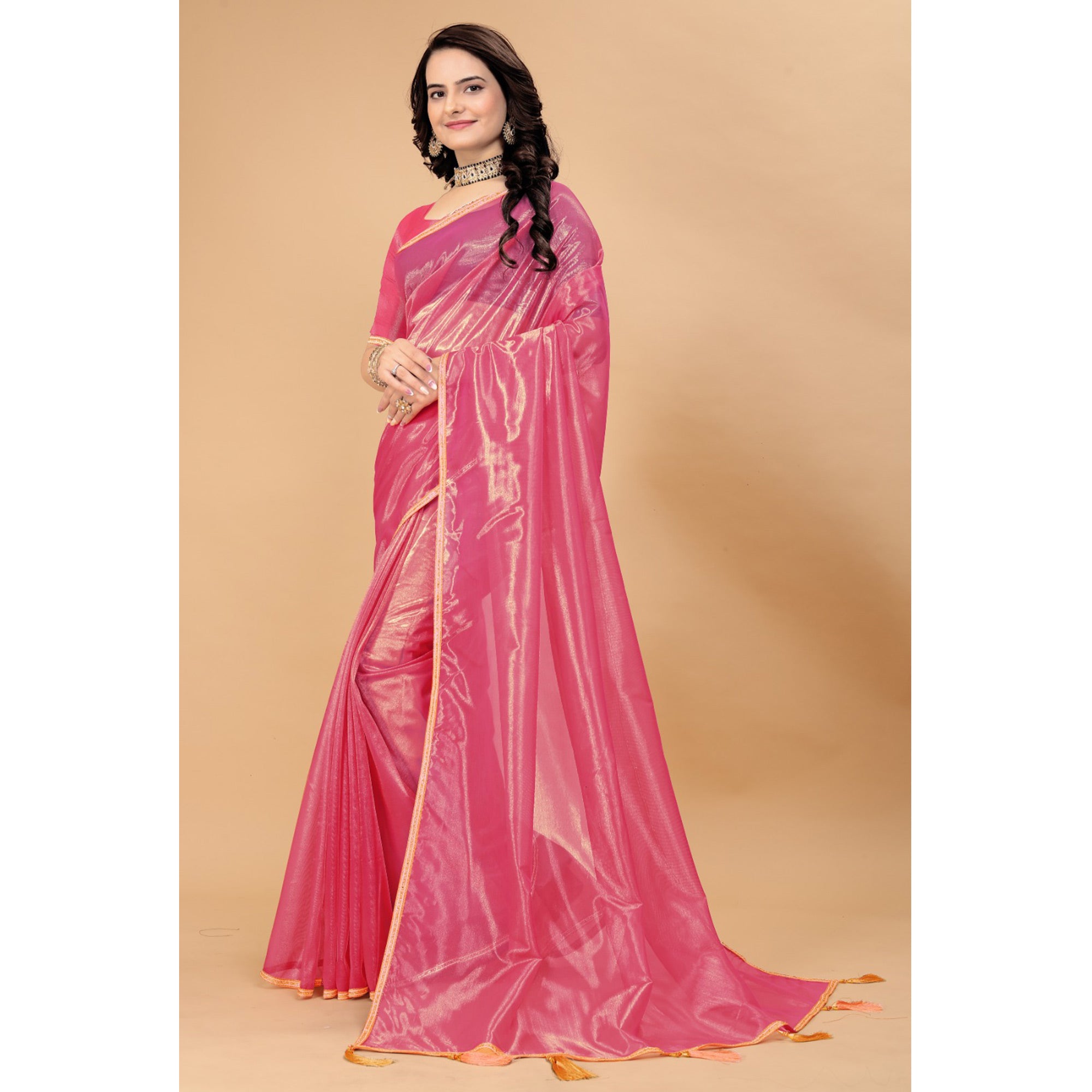 Pink Solid Nylon Saree With Lace Border