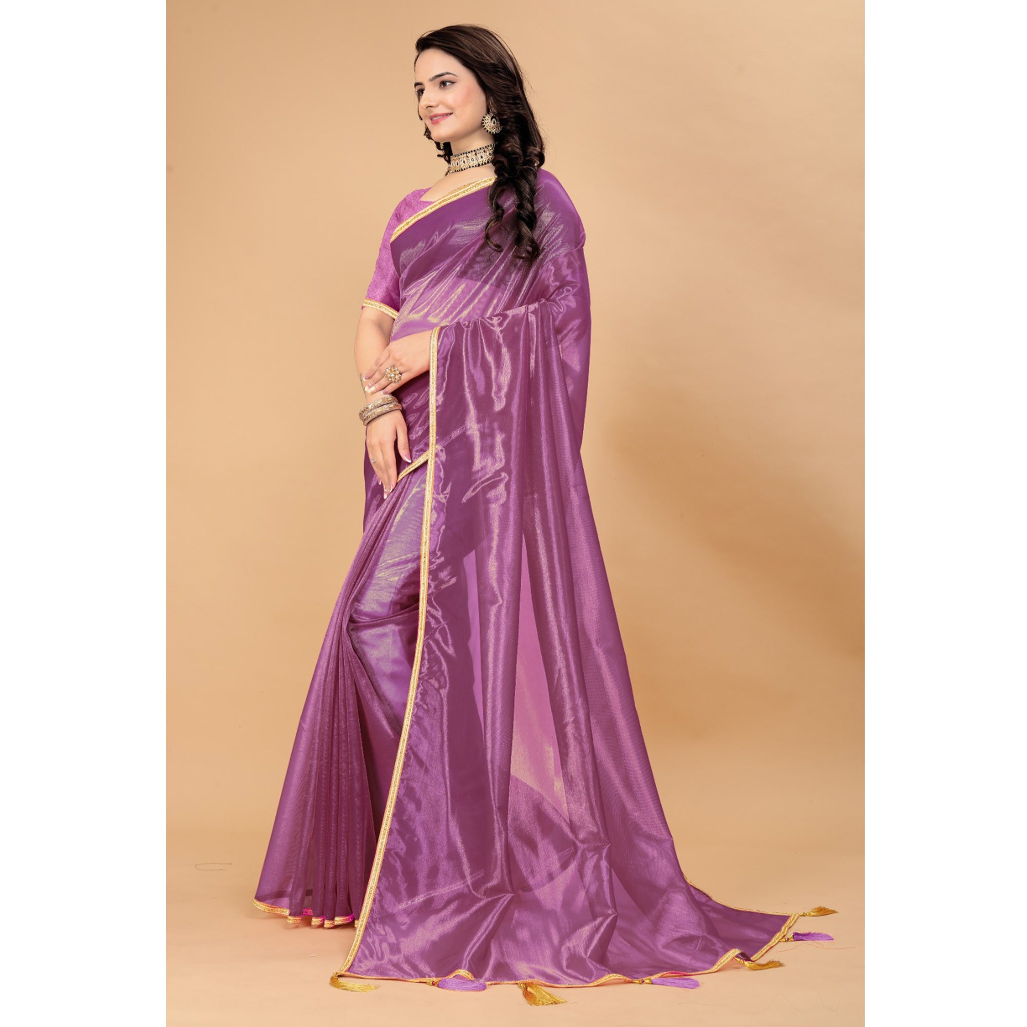 Purple Solid Nylon Saree With Lace Border