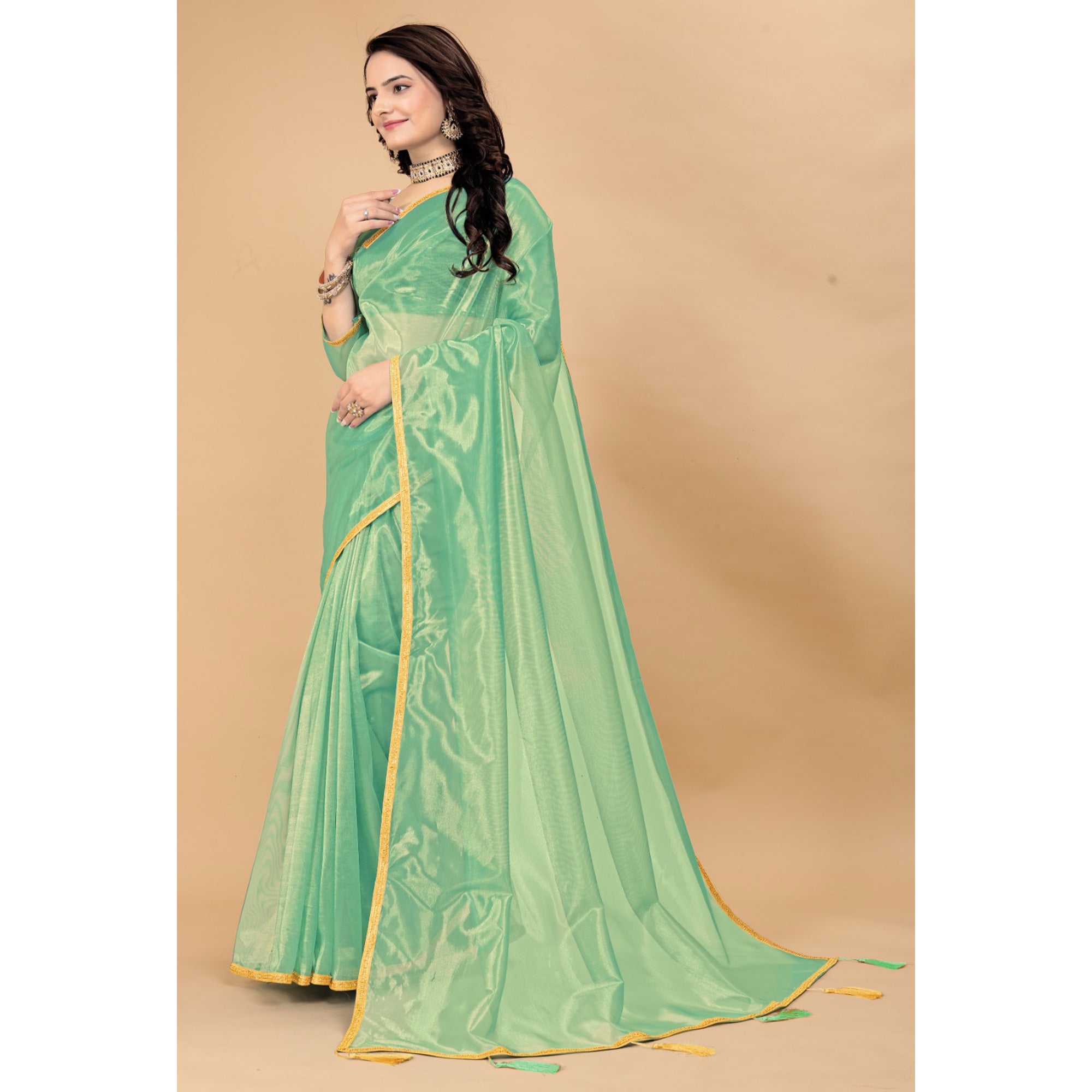 Sea Green Solid Nylon Saree With Lace Border