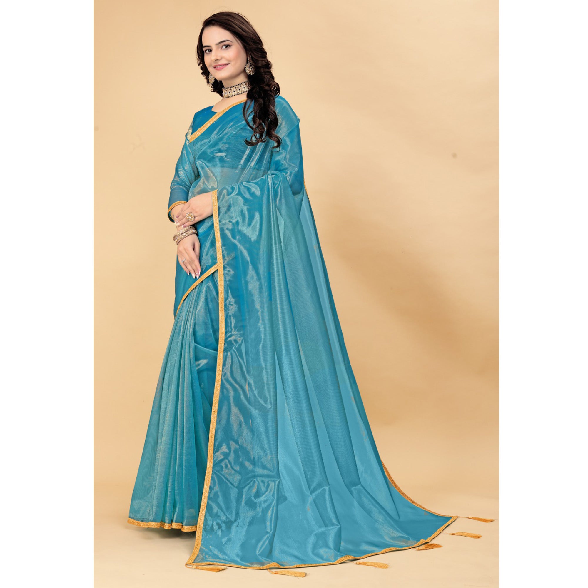 Teal Blue Solid Nylon Saree With Lace Border