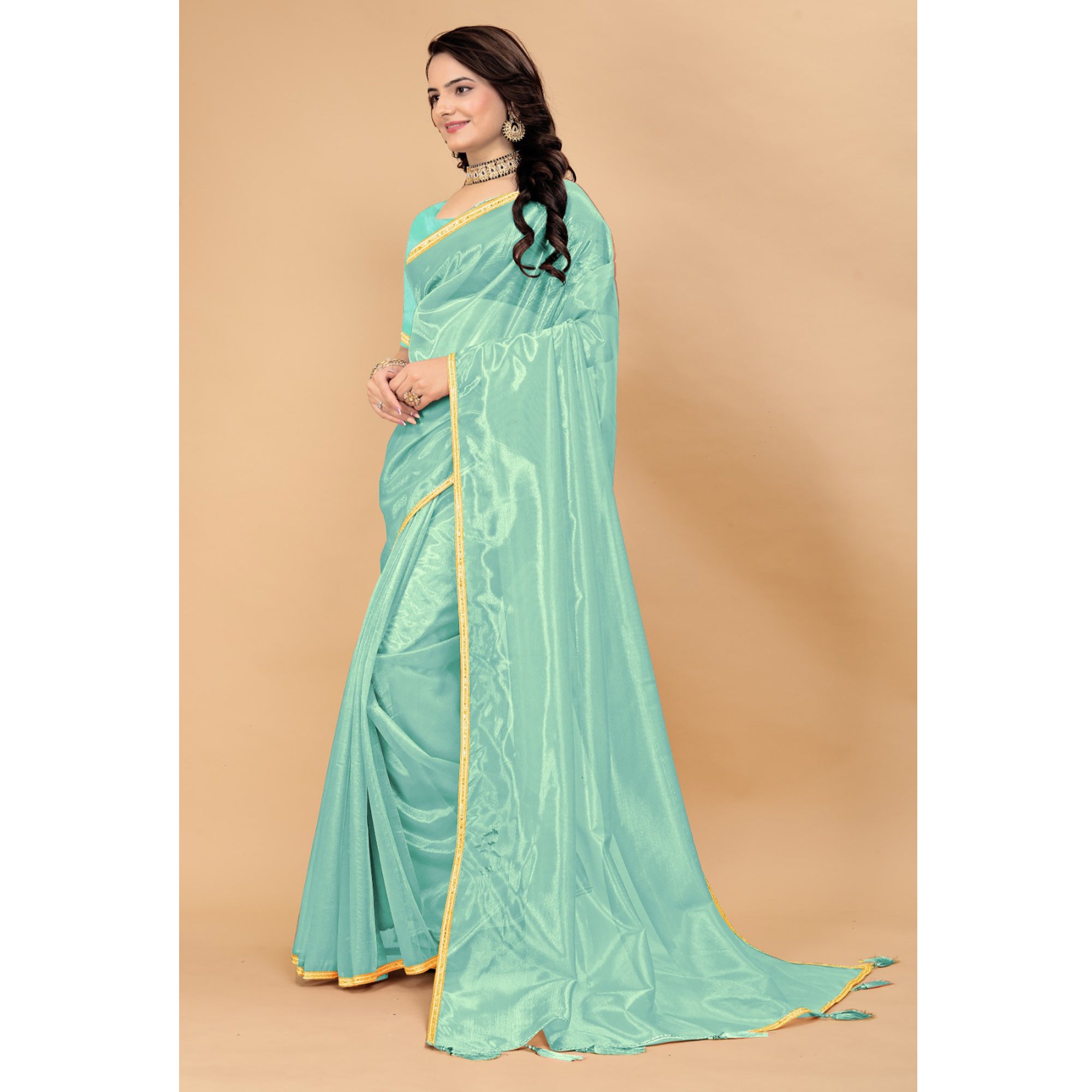 Turquoise Solid Nylon Saree With Lace Border