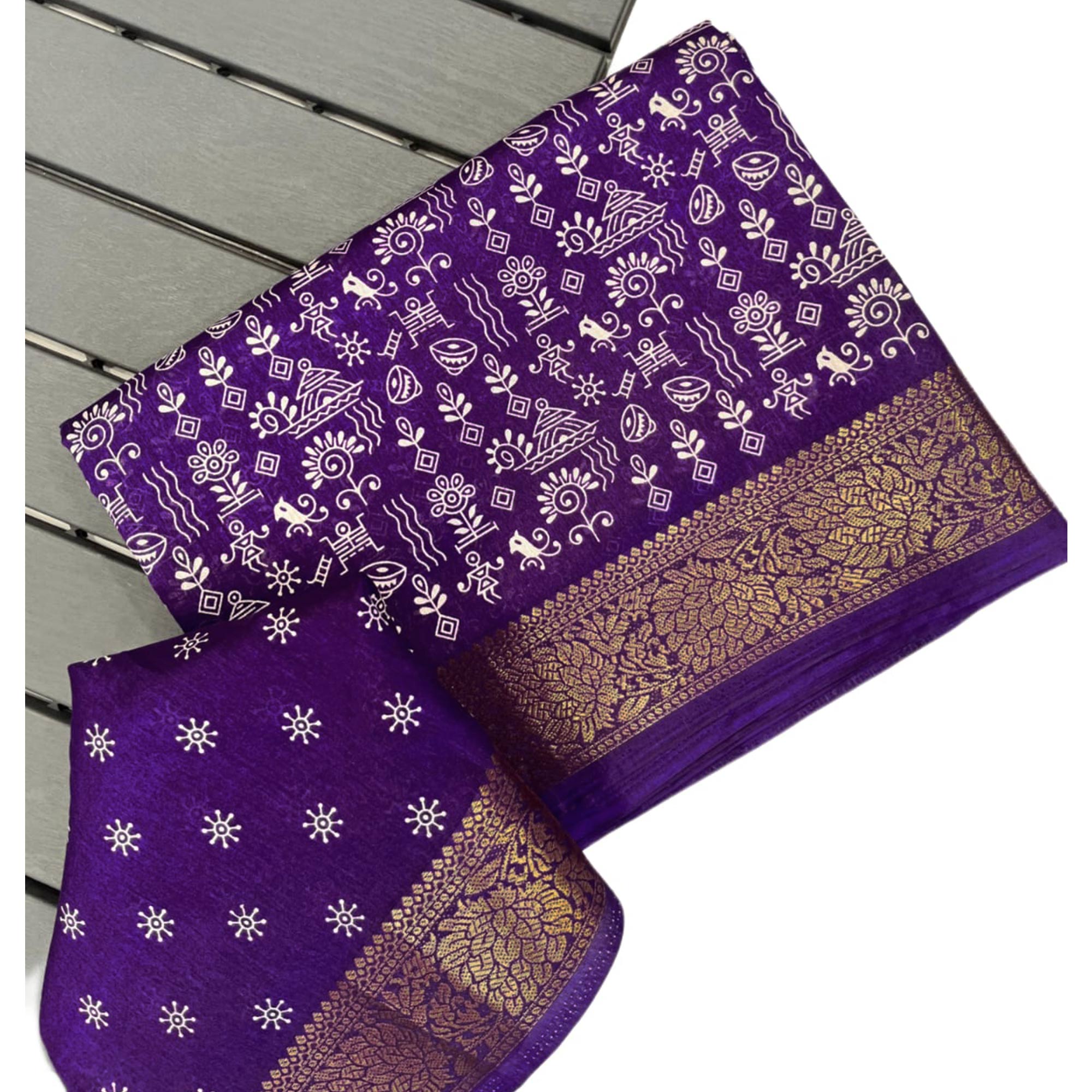 Violet Printed Cotton Silk Saree