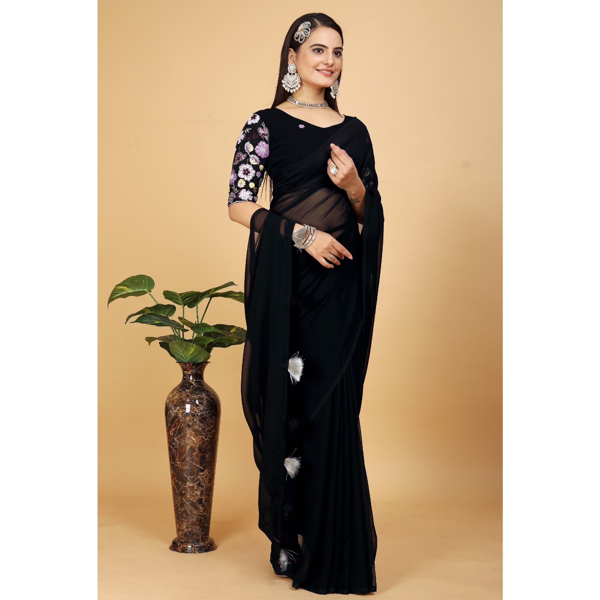 Black Solid Georgette Saree With  Tassels