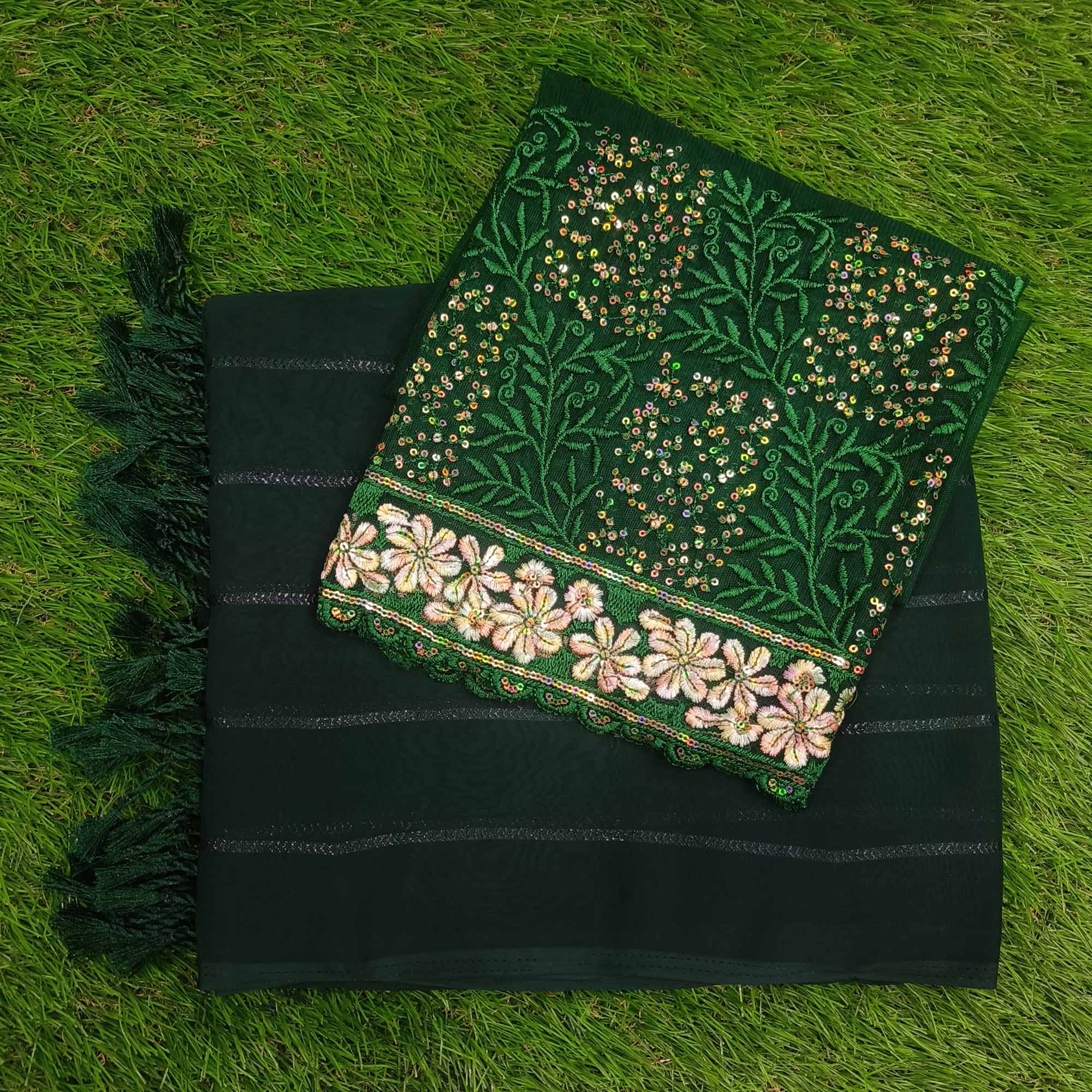 Green Woven Georgette Saree with Tassels