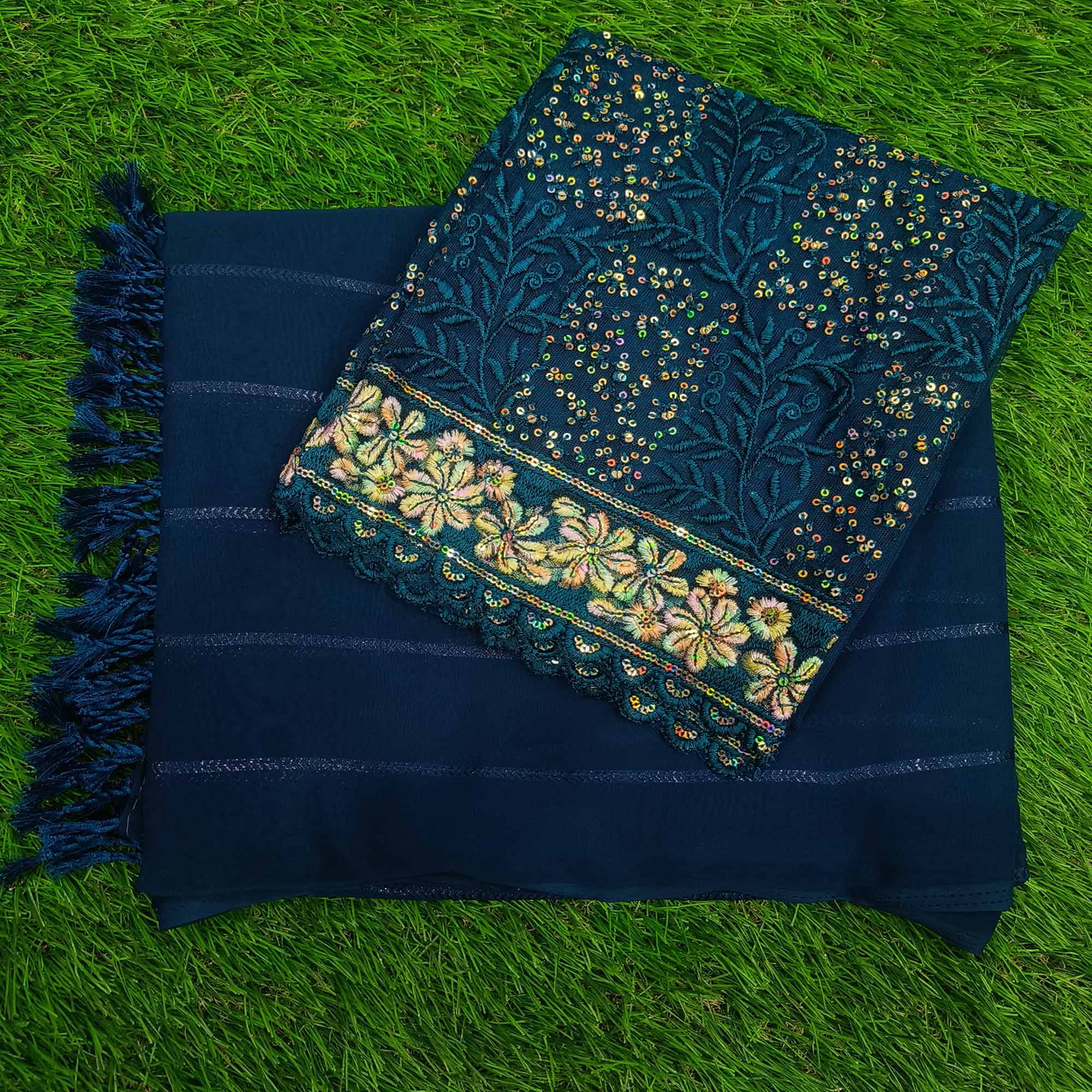 Rama blue Woven Georgette Saree with Tassels