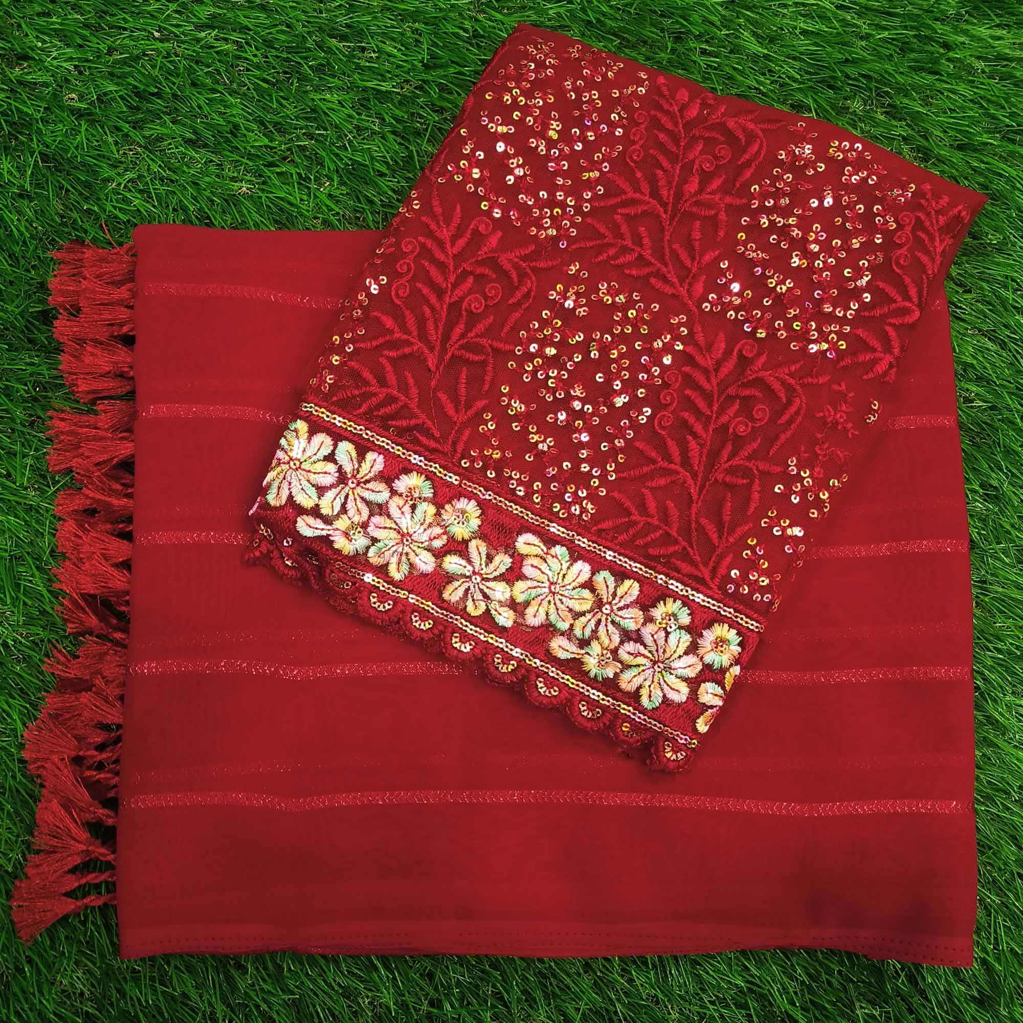 Red Woven Georgette Saree with Tassels
