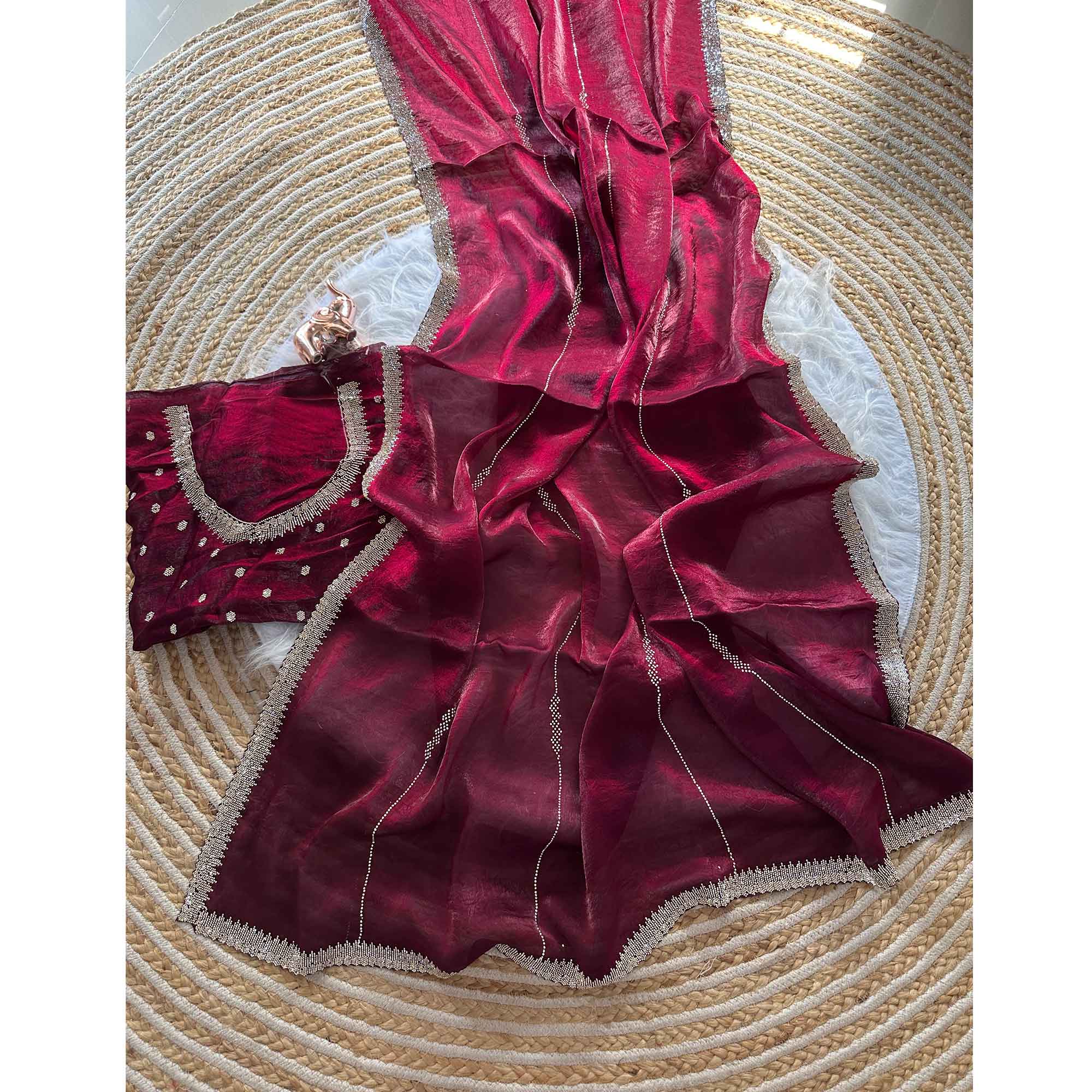 Classic Wine Pure Silk Saree Adorned With Sparkling Jarkan Work & An Exquisite Designer Border