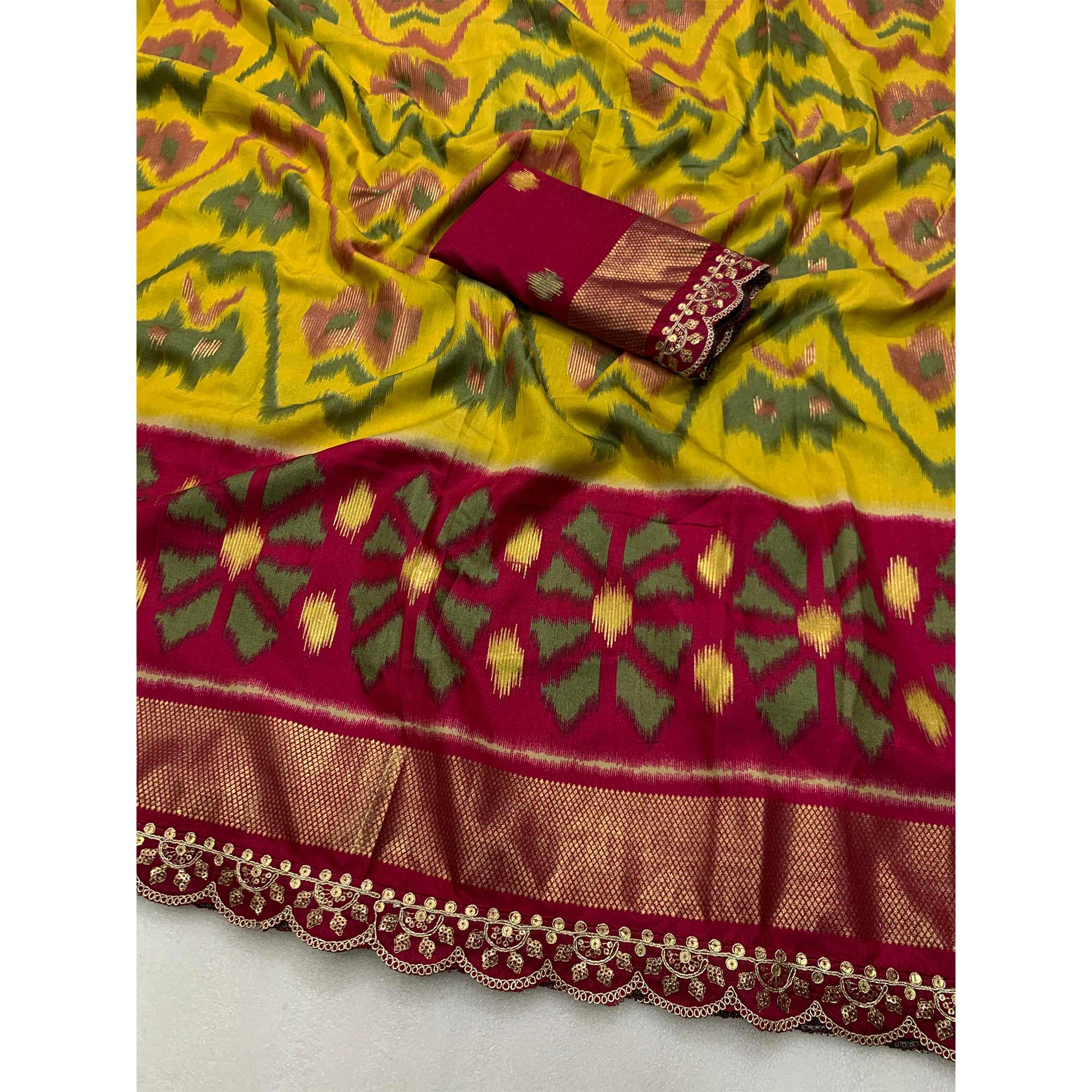 Green & Pink Ikkat Foil Printed Silk Saree With Sequins Embroidery Border