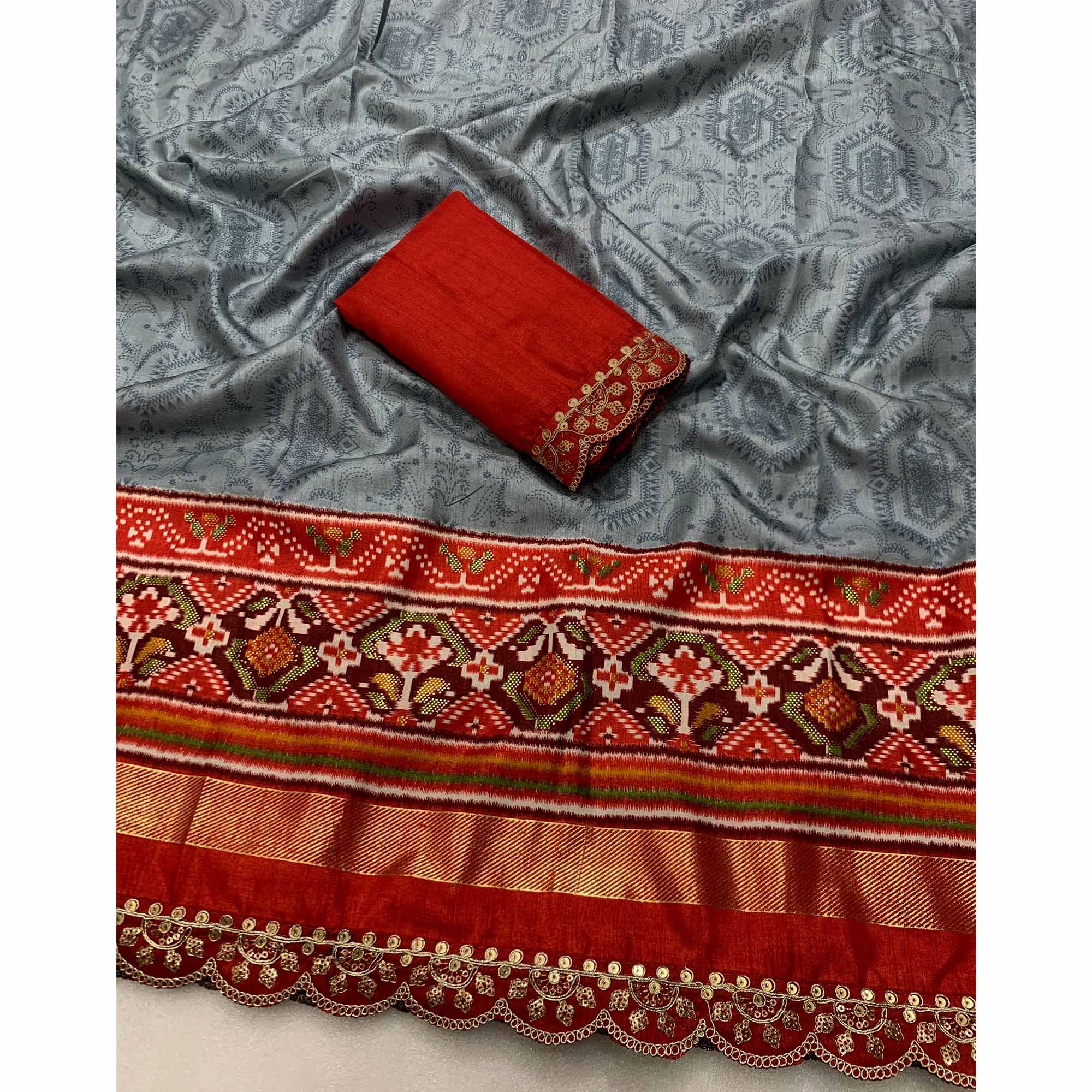 Grey & Red Ikkat Foil Printed Silk Saree With Sequins Embroidery Border