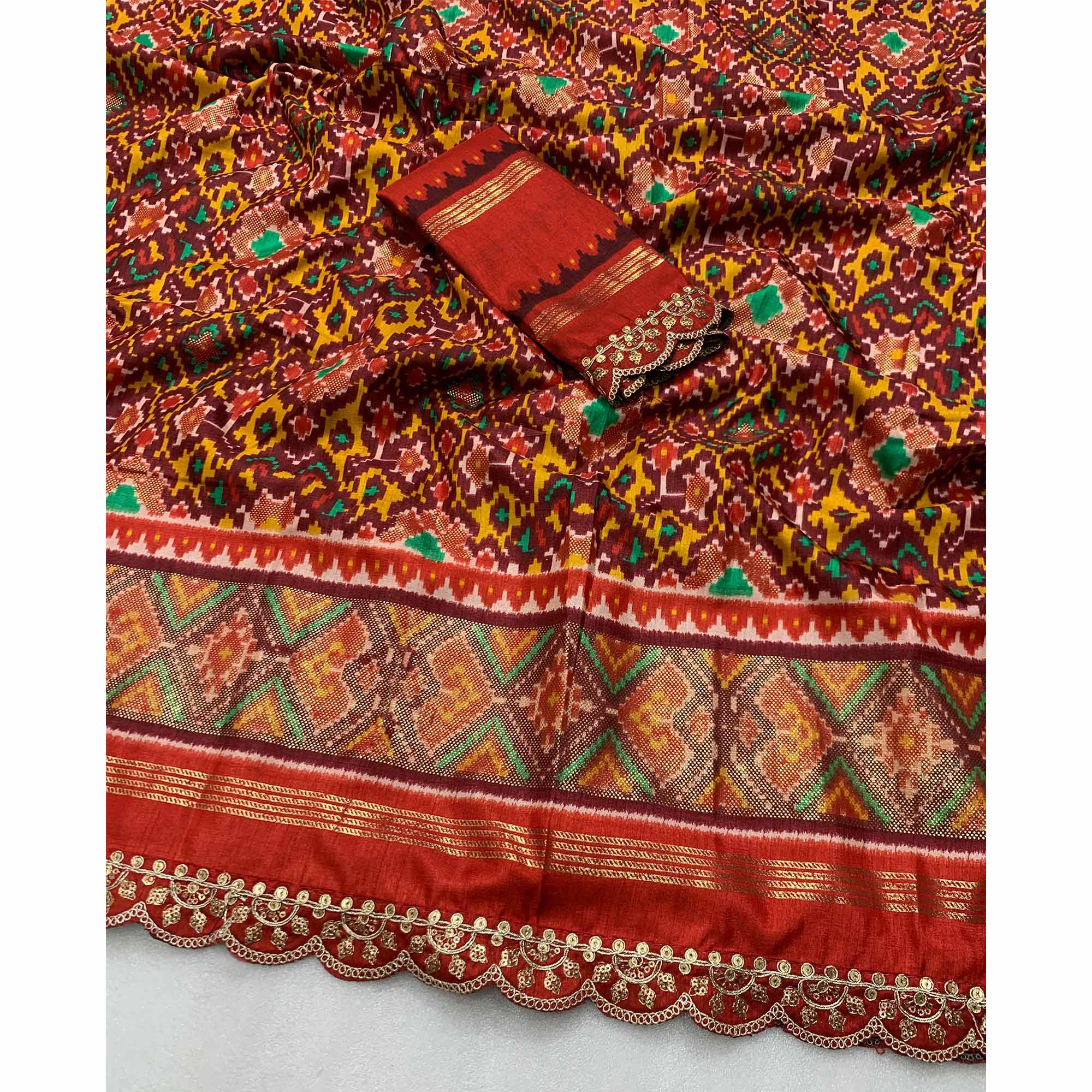 Maroon Ikkat Foil Printed Silk Saree With Sequins Embroidery Border