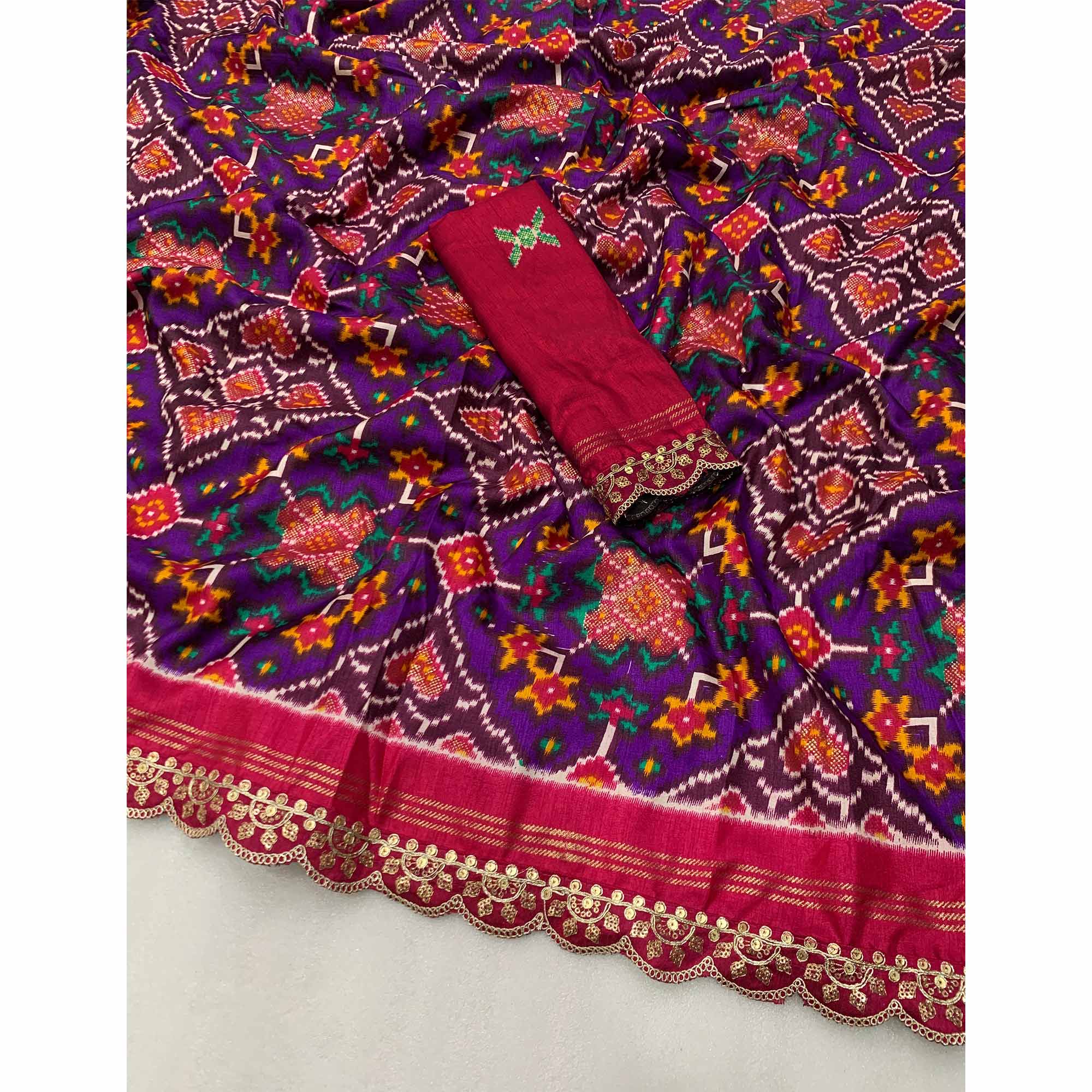 Purple & Pink Ikkat Foil Printed Silk Saree With Sequins Embroidery Border