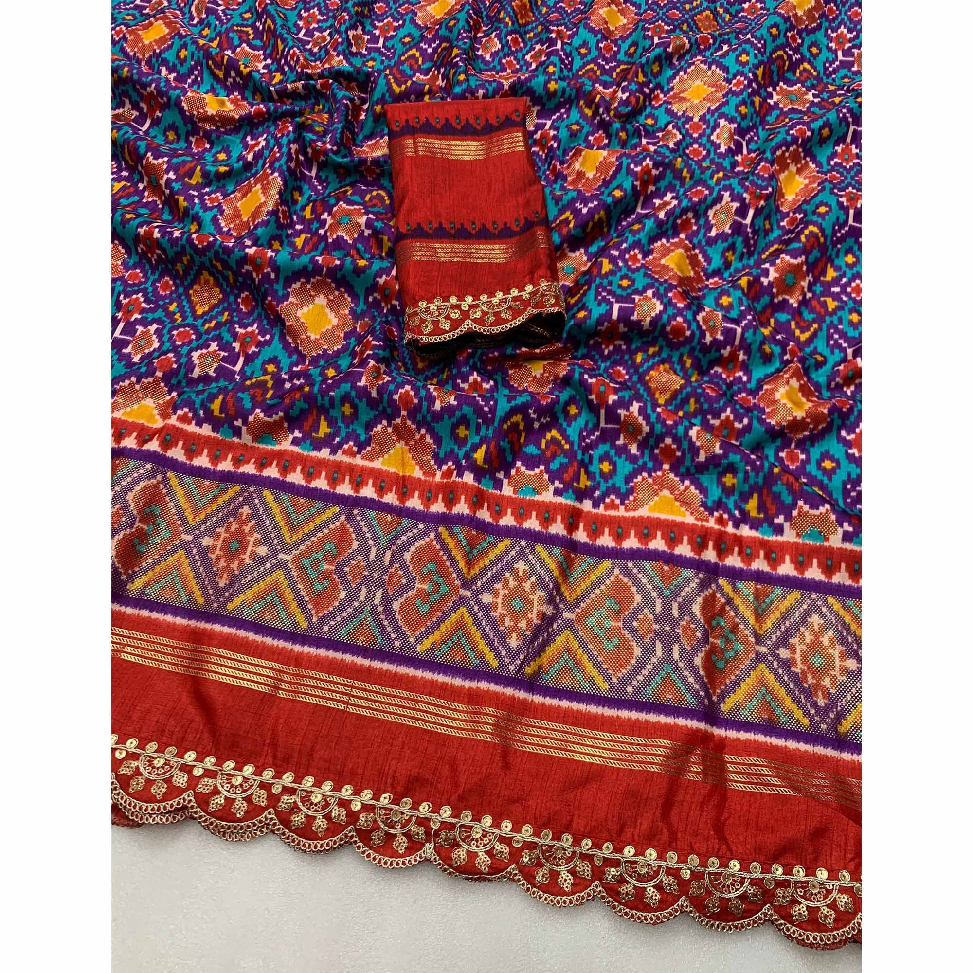 Purple & Red Ikkat Foil Printed Silk Saree With Sequins Embroidery Border