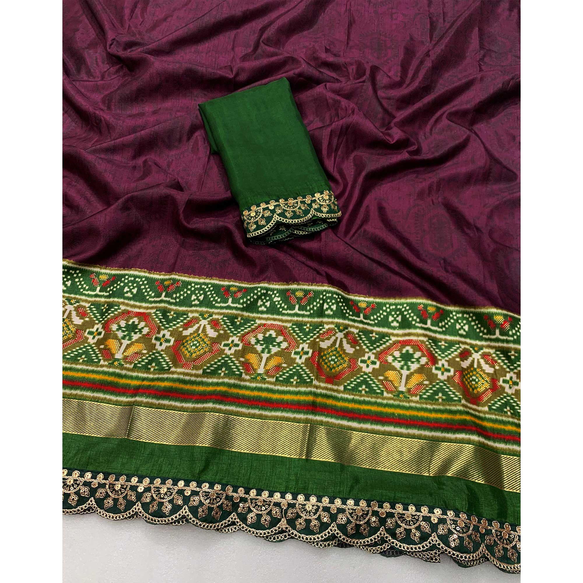 Purple & Green Ikkat Foil Printed Silk Saree With Sequins Embroidery Border