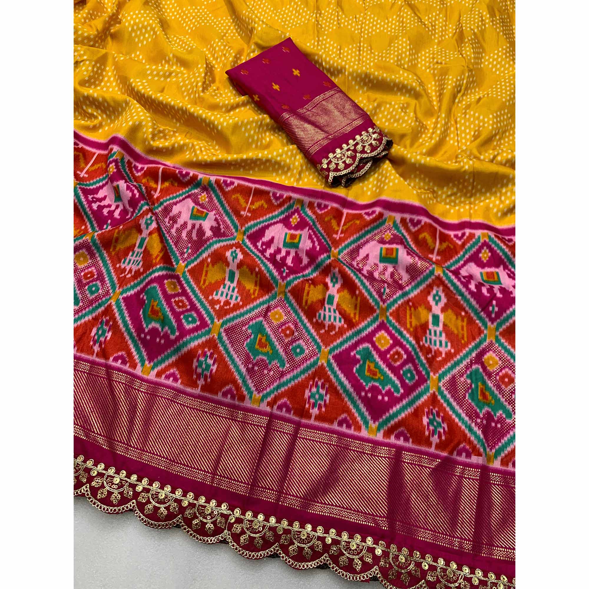 Yellow & Rani Pink Ikkat Foil Printed Silk Saree With Sequins Embroidery Border